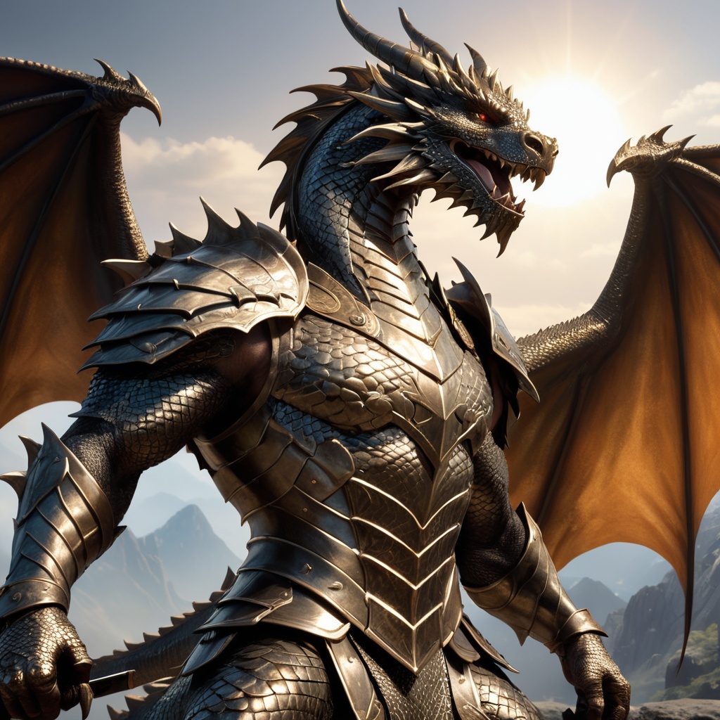 Generate hyper realistic image of a dragon male warrior with scales that gleam like burnished bronze,  reflecting the sunl...