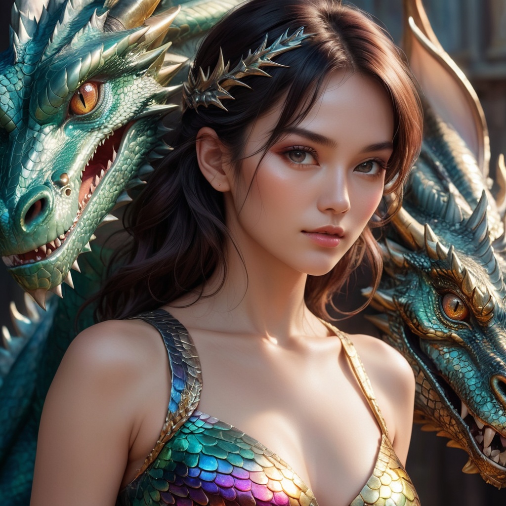 Generate hyper realistic image of a woman with dragon characteristics possessing smooth,  scaly skin that shimmers like mo...