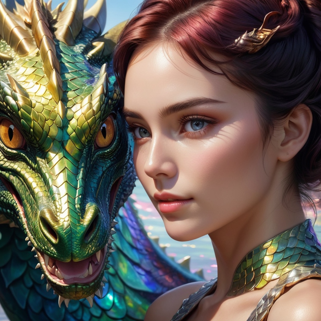 Generate hyper realistic image of a woman with dragon characteristics possessing smooth,  scaly skin that shimmers like mo...