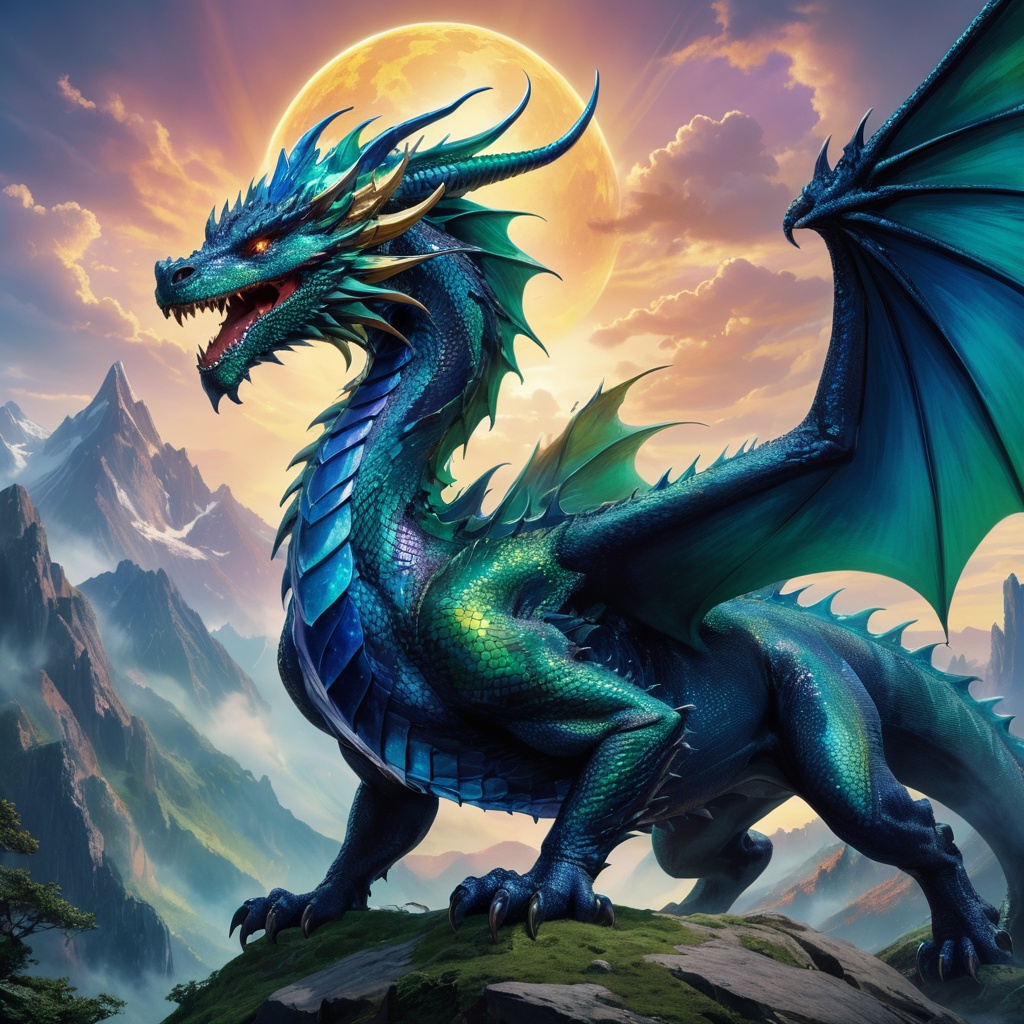Generate hyper realistic image of a colossal dragon with iridescent,  jewel-toned scales that shimmer and sparkle in a mes...