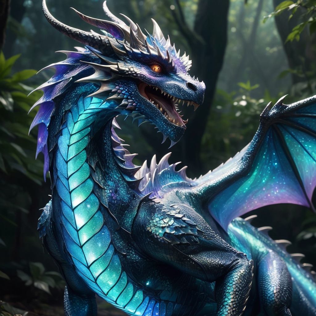 Generate hyper realistic image of a dragon transformed into a human with iridescent,  shimmering skin that reflects light...