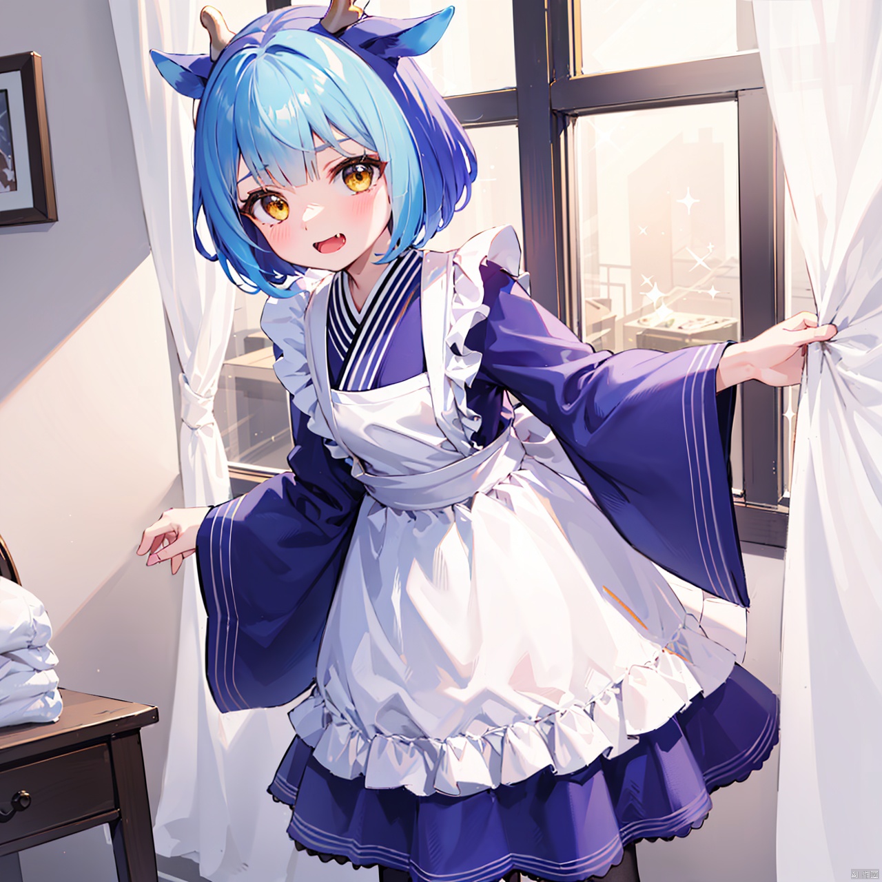  masterpiece, bestquality, Laundry Dragonmaid, 1girl, solo, short hair, open mouth, dress, blue hair, standing, yellow eyes, multicolored hair, japanese clothes, horns, fang, indoors, wide sleeves, apron, maid, window, sparkle, curtains, maid apron, dragon horns, dragon girl, wa maid, laundry,