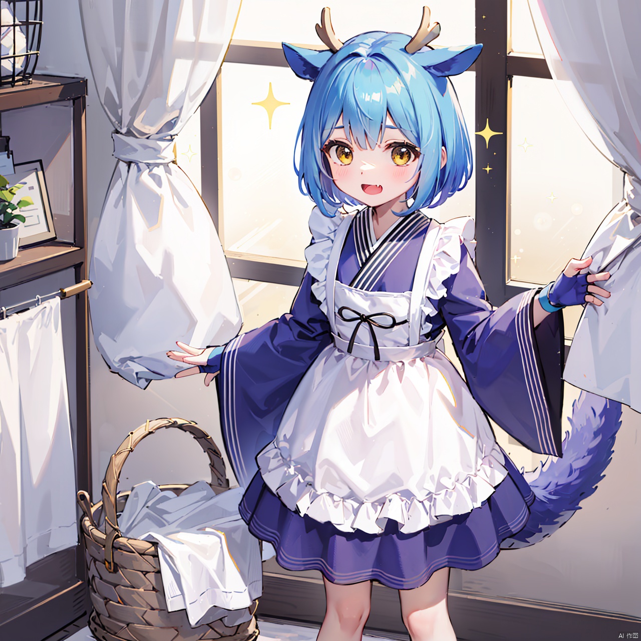  masterpiece, bestquality, Laundry Dragonmaid, 1girl, solo, short hair, open mouth, dress, blue hair, standing, tail, yellow eyes, multicolored hair, japanese clothes, horns, fang, indoors, wide sleeves, fingerless gloves, apron, maid, window, sparkle, curtains, maid apron, dragon horns, dragon girl, basket, wa maid, laundry,