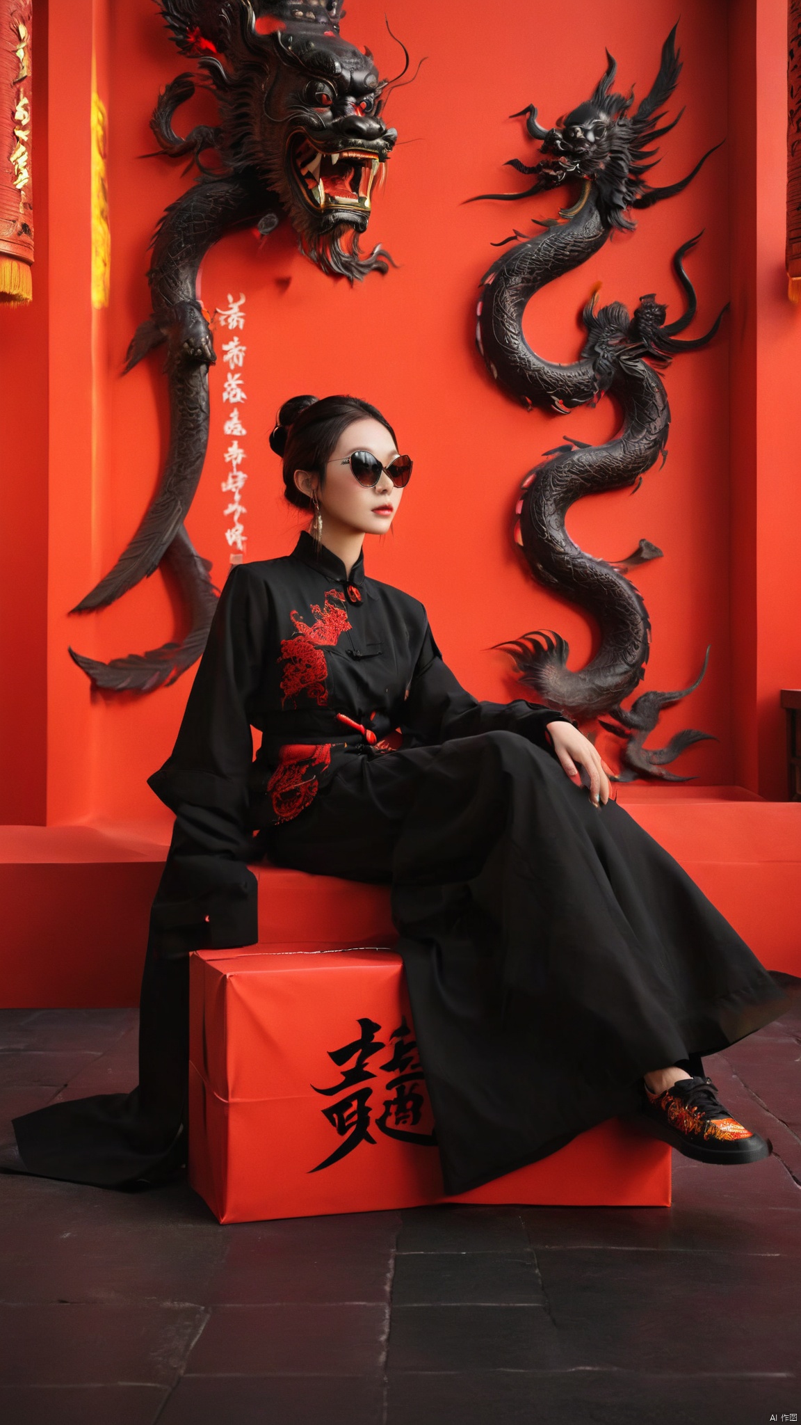  A stylish person exuding confidence in a textured black outfit and cool sneakers, striking a dynamic pose with hand gestures, accentuated by unique, ornate sunglasses. They are seated against an intense red background, rich with oversized Chinese characters, symbolizing cultural depth. Flying red envelopes and glowing traditional lanterns animate the scene, lending a festive and lively air to the composition. This scene captures a fusion of modern style with traditional Asian motifs, highlighted by a striking color palette and bold attitude, best quality, ultra highres, original, extremely detailed, perfect lighting