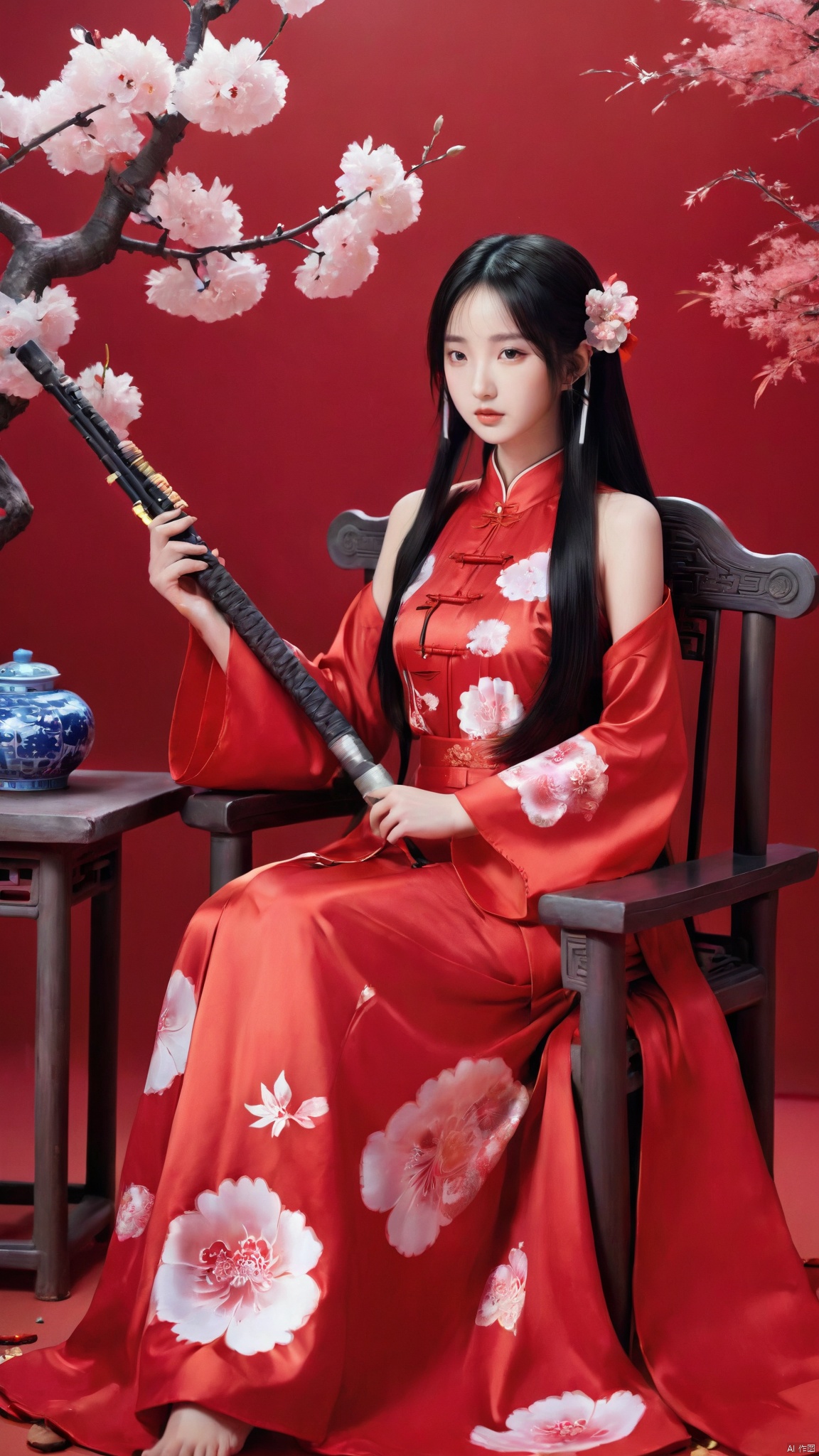 1girl, solo, long hair, black hair, dress, twintails, sitting, weapon, flower, barefoot, chair, chinese clothes, plant, china dress, red background, vase,best quality, ultra highres, original, extremely detailed, perfect lighting