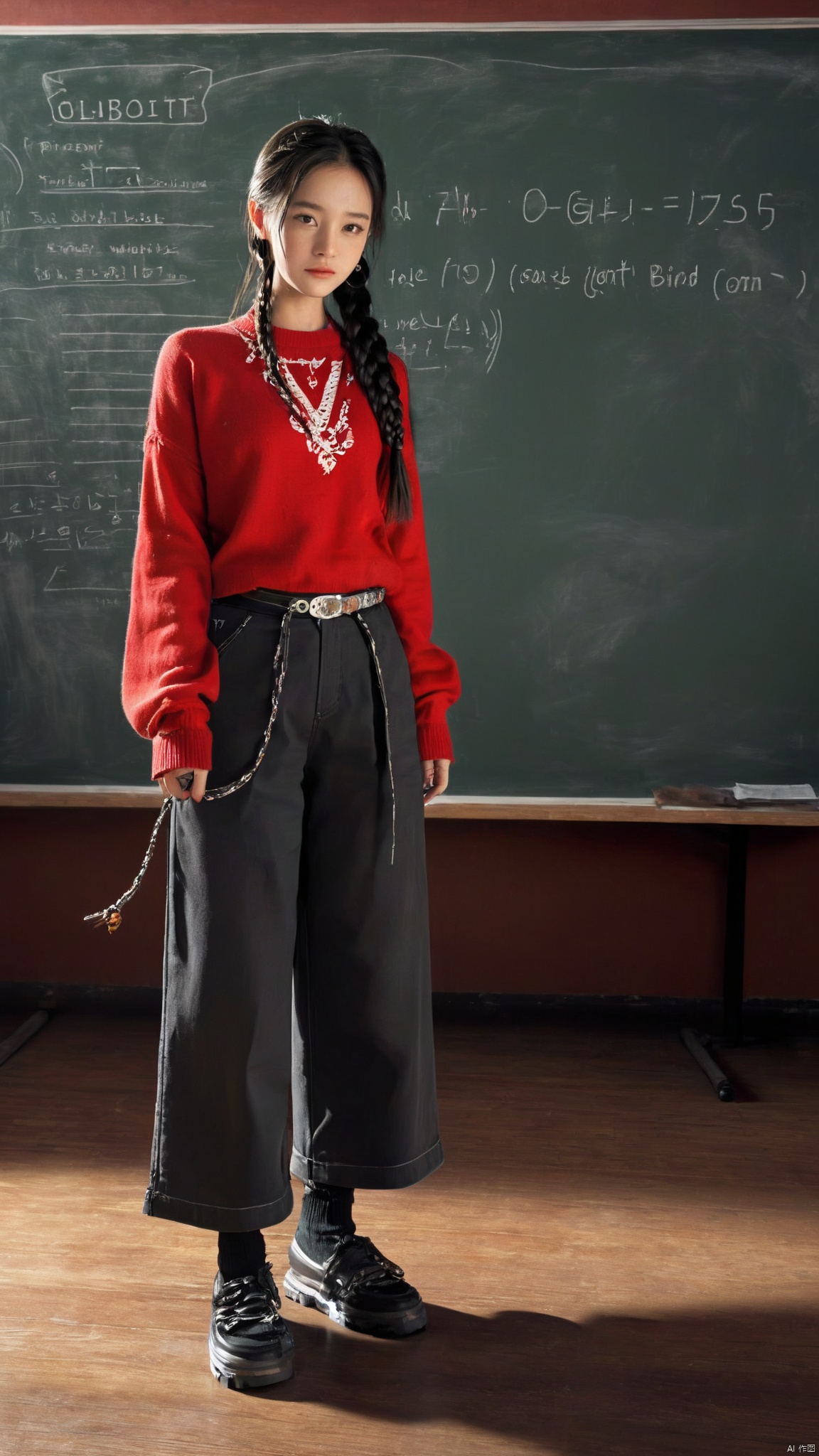 1girl, solo, long hair, shirt, black hair, long sleeves, holding, jewelry, standing, full body, braid, earrings, shoes, belt, pants, indoors, necklace, black footwear, twin braids, sweater, shadow, black pants, table, red shirt, chalkboard, red sweater,best quality, ultra highres, original, extremely detailed, perfect lighting