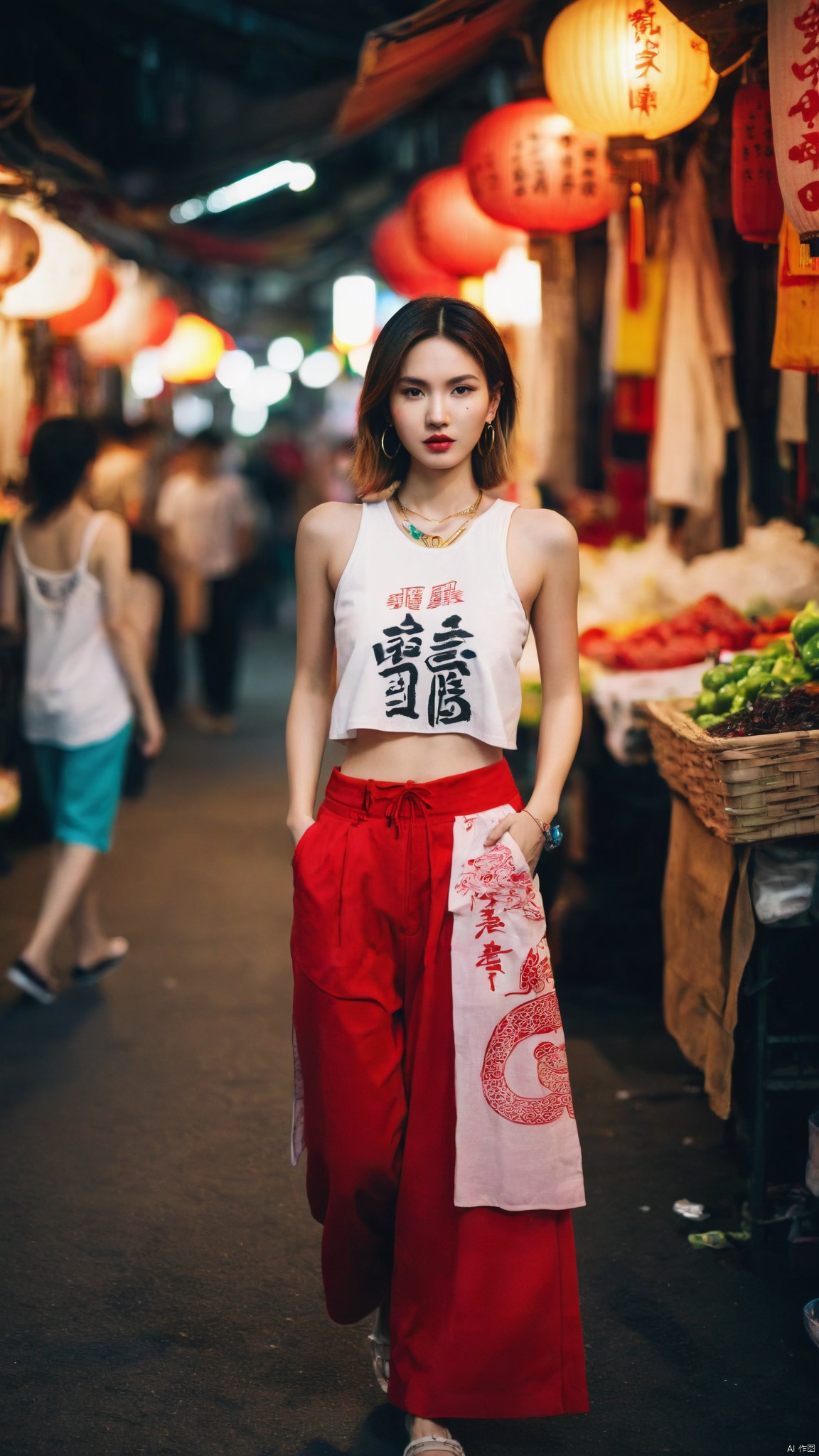  A portrait of a fashion-forward young woman with shoulder-length ombre hair and large hoop earrings. She wears a cropped white **** top paired with striking red trousers featuring Asian calligraphy and traditional designs. Around her neck, a chic necklace adds to her stylish ensemble. She stands poised in the middle of a lively street market, its neon lights creating an energetic yet moody atmosphere, blurred in the background to draw attention to her. The scene captures an urban, contemporary street style with a hint of traditional Asian influences, executed with perfect lighting and a shallow depth of field for a cinematic feel, best quality, ultra highres, original, extremely detailed, perfect lighting