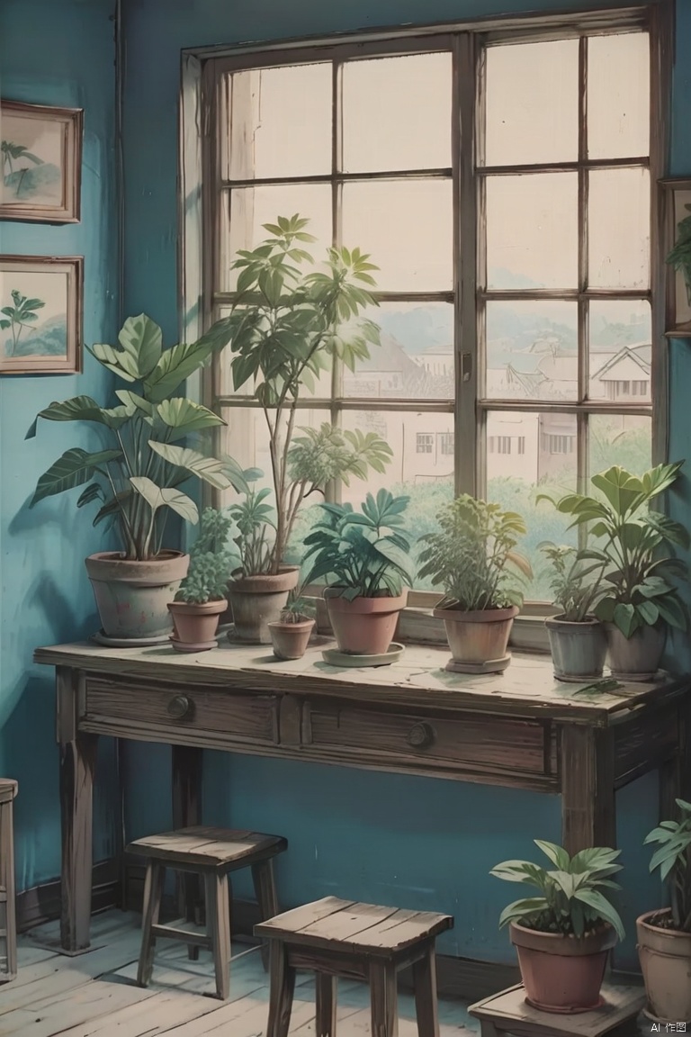no humans, plant, stool, scenery, potted plant, window, blue theme, table, indoors,lo fi aesthetic, Japanese lofi, pastel tone, line drawing,  (((masterpiece))),(((best quality))),((ultra-detailed))