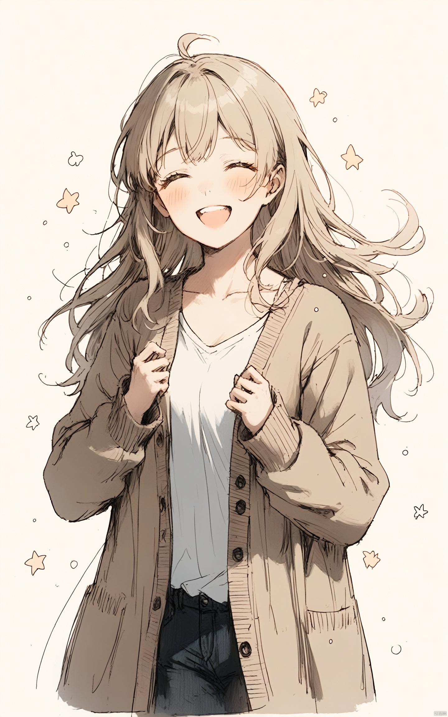 1girl, solo,light brown hair, floating long hair, blush, smile, shirt, white shirt, long shirt, ^ ^, brown cardigan, cardigan, closed eyes, collarbone, cropped legs, long sleeves, sleeves past fingers, sleeves past wrists, upper teeth only, teeth, white background
, lines