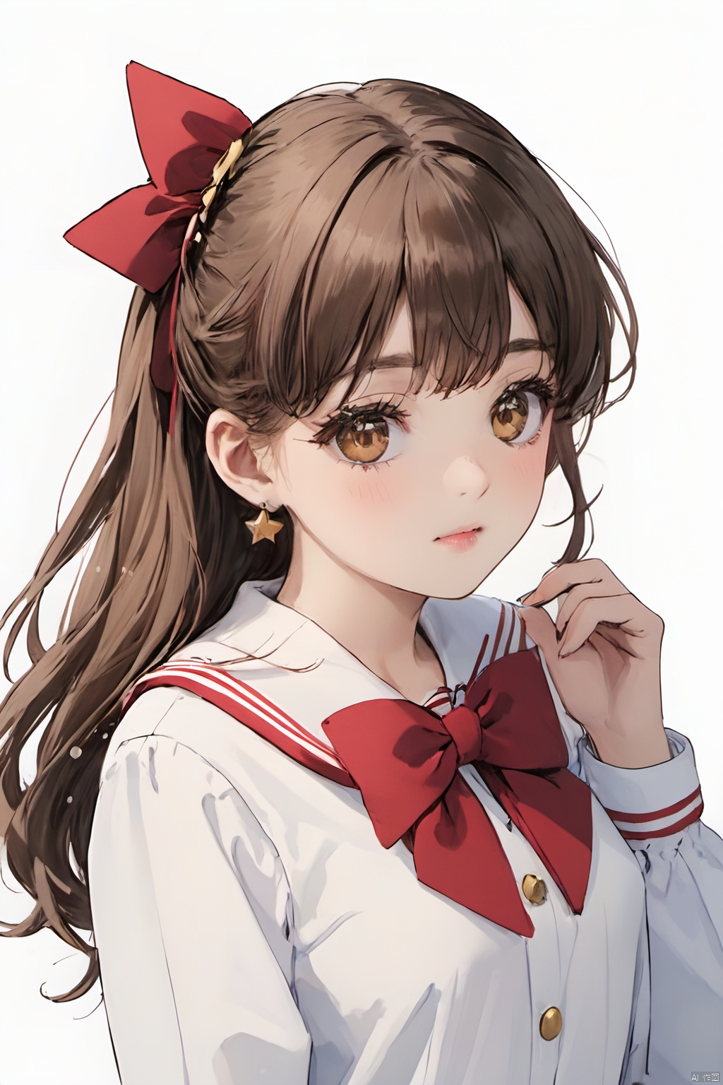  (best quality), ((masterpiece))1girl, solo, bow, brown hair, long sleeves, long hair, white background, simple background, sailor collar, star hair ornament, hair ornament, blush, upper body, hair bow, looking at viewer, star \(symbol\), one side up, open mouth, shirt, brown eyes, white shirt, bangs, hands up, red bow, hands on own face, yellow bow, puffy long sleeves, polka dot, polka dot bow, lines