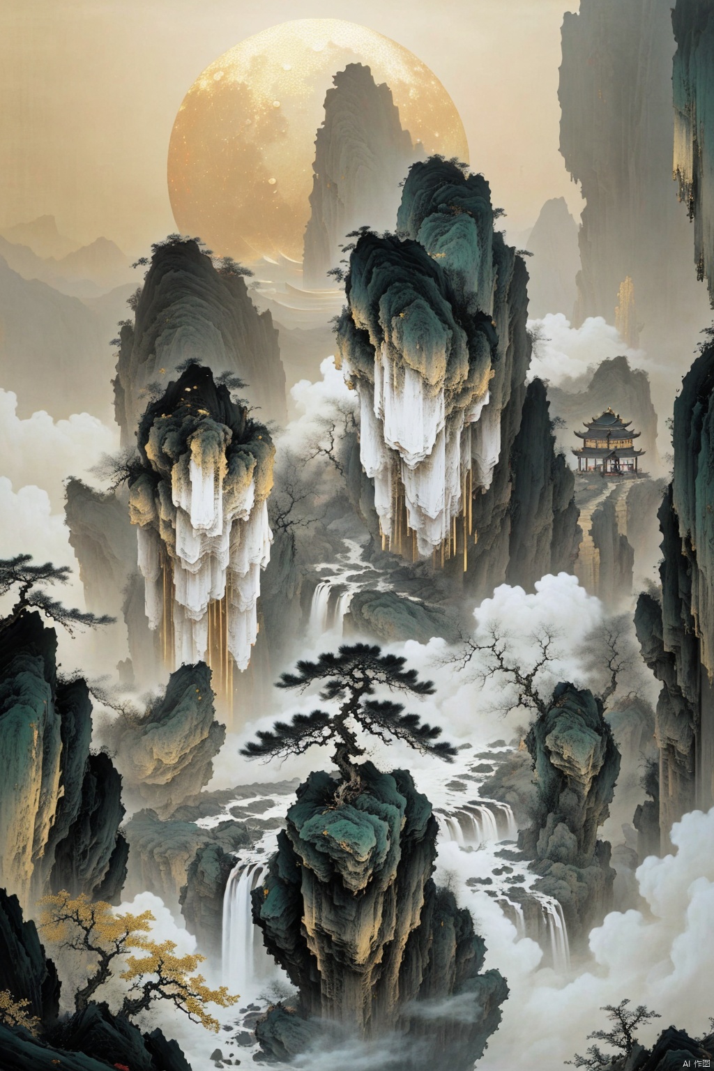  New Chinese art style, Lushan Mountain, Waterfalls, (Layers of Mountains), golden moon hanging in the air masterpiece,finely detailled,Complicated details,8K,UCG wallpaper,hdr,Cinematic lighting effects,minimalism, ultimate details, unparalleled details, movie special effects, realism, and fine details, , Gongbi Shanshui