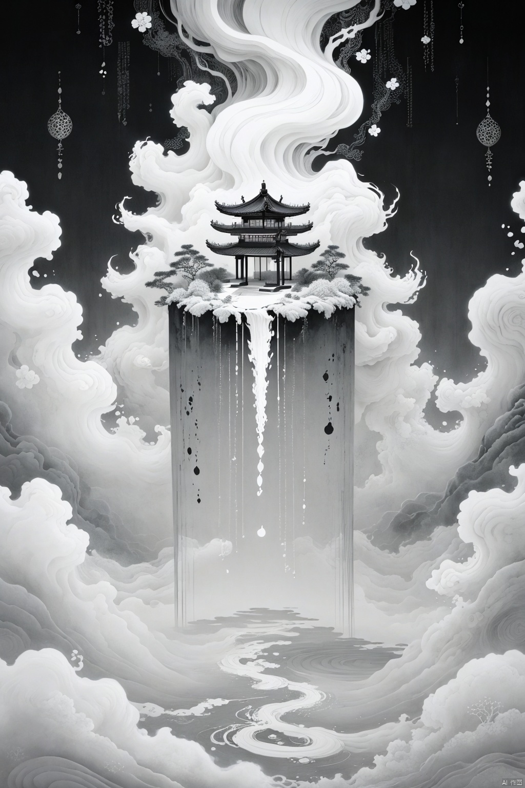 Zen painting illustration,masterpiece,best quality,macbook,cloud,black and white theme,ink wash texture,minimalist,serene,traditional Asian influences,monochrome,fluid movement,textured,tranquil,artistic,the stylized landscape and fairyland extended from the screen:1.2,surreal,geometric patterns,intricately detailed,bokeh,perfect balanced,deep fine borders,artistic photorealism,smooth,,