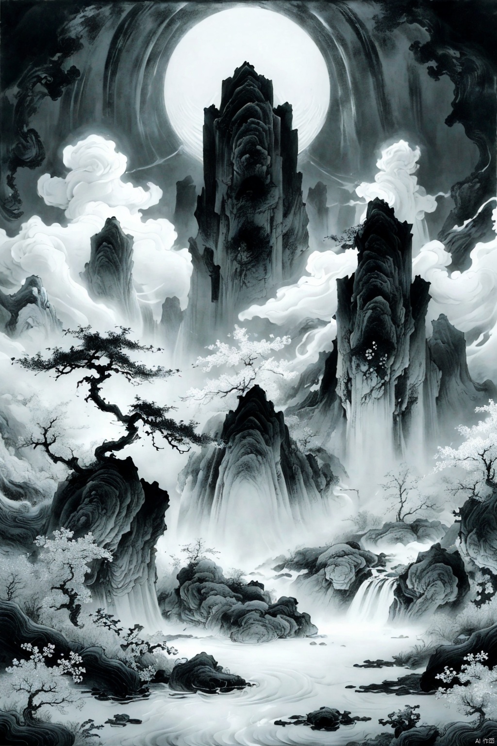 Zen painting illustration,masterpiece,best quality,macbook,cloud,black and white theme,ink wash texture,minimalist,serene,traditional Asian influences,monochrome,fluid movement,textured,tranquil,artistic,the stylized landscape and fairyland extended from the screen:1.2,surreal,geometric patterns,intricately detailed,bokeh,perfect balanced,deep fine borders,artistic photorealism,smooth,,