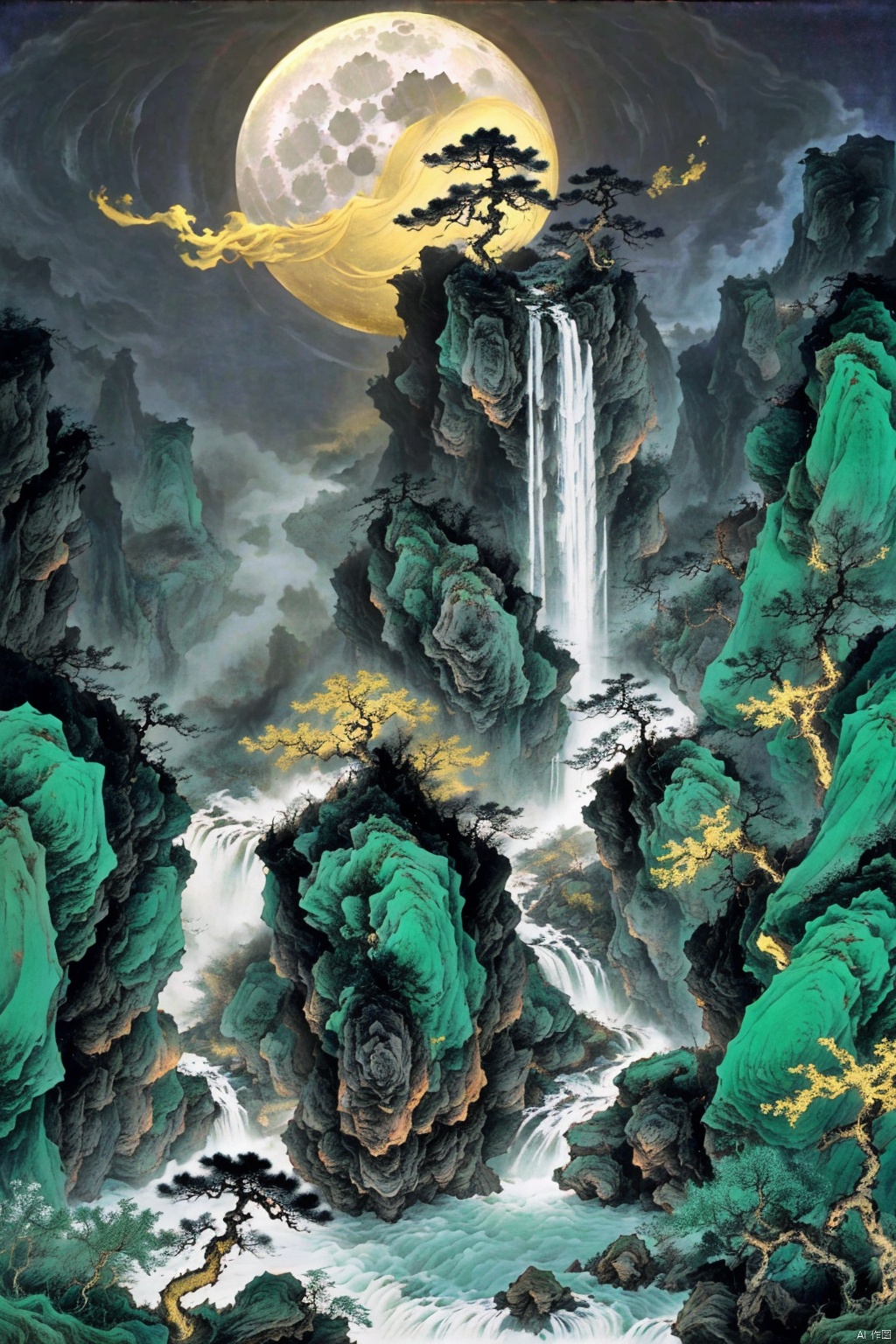 guofeng,no humans, on a dark and picturesque night, a huge full moon rose high, black towering mountains blocked part of the moon, there was a golden waterfall flowing down from the mountain, and some pine trees were faintly seen on the mountain,Tranquil, mysterious landscape, dark cliffs, no buildings, moon in the water