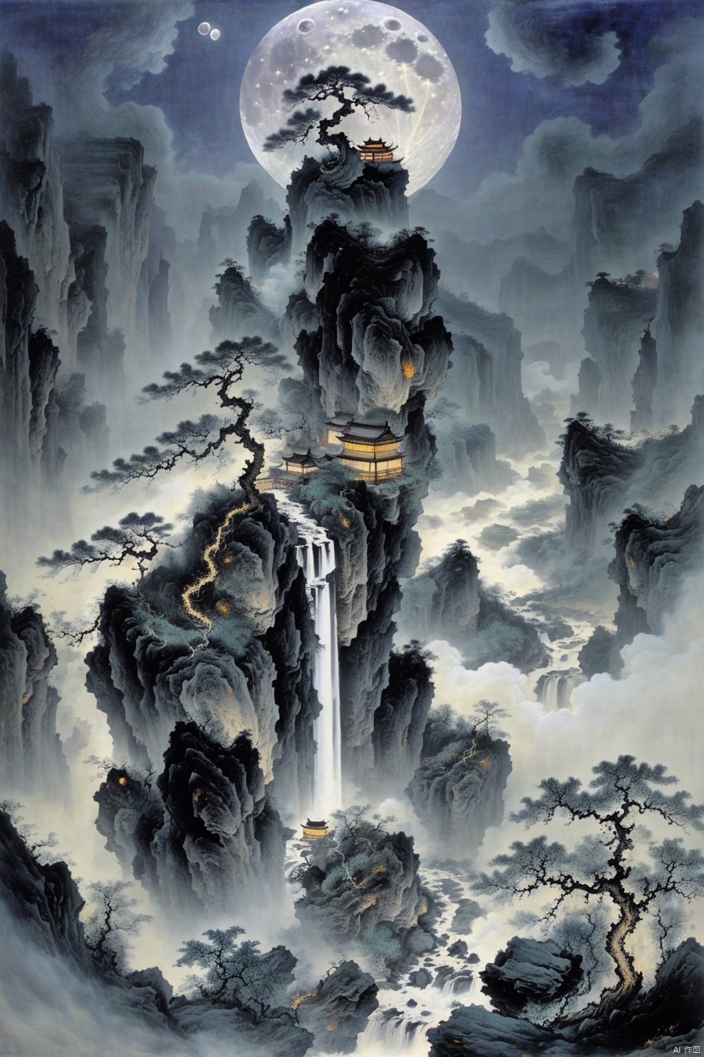 guofeng,no humans, on a dark and picturesque night, a huge full moon rose high, black towering mountains blocked part of the moon, there was a golden waterfall flowing down from the mountain, and some pine trees were faintly seen on the mountain,Tranquil, mysterious landscape, dark cliffs, no buildings, moon in the water