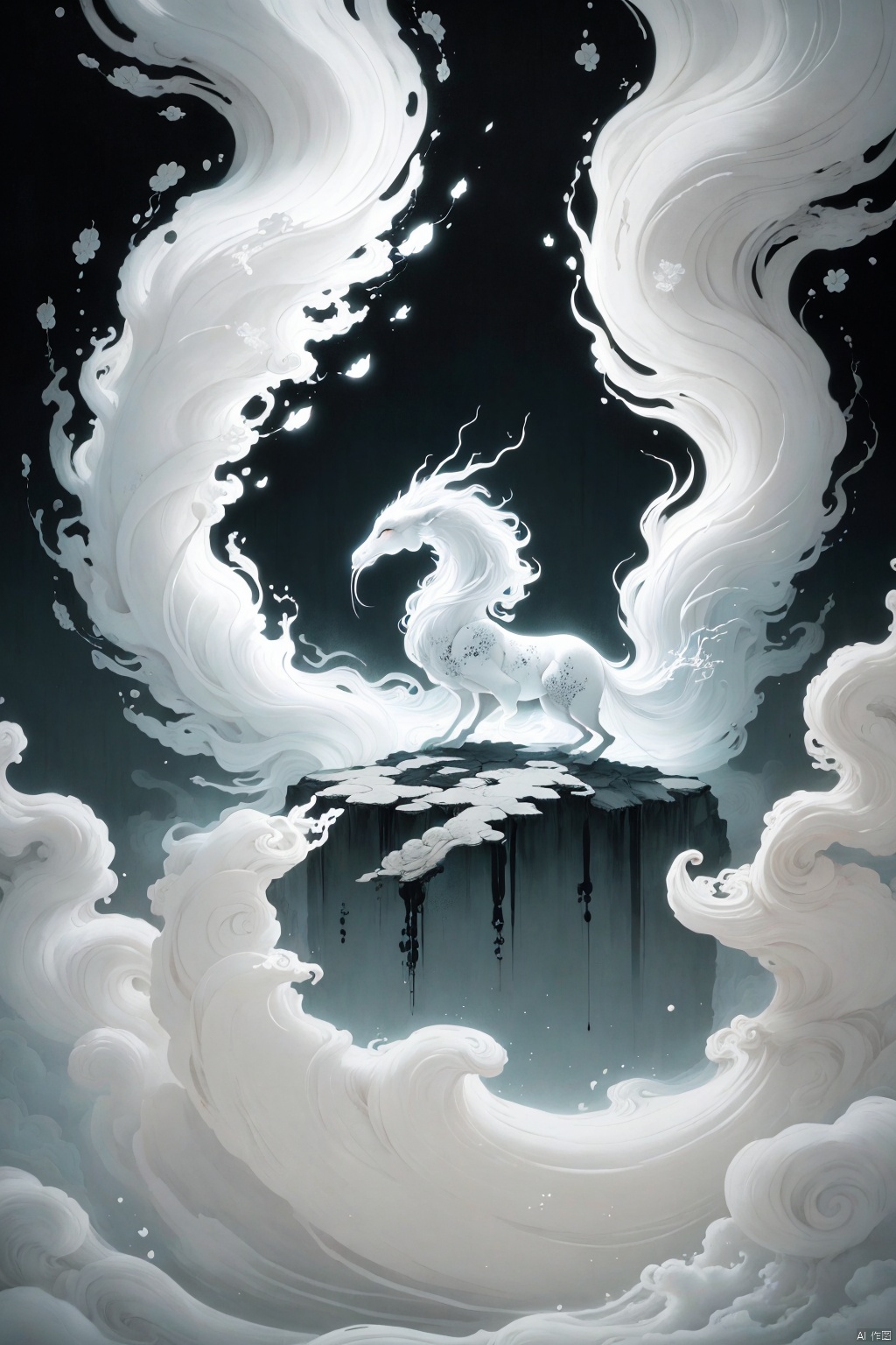Zen painting illustration,masterpiece,best quality,macbook,cloud,black and white theme,ink wash texture,minimalist,serene,traditional Asian influences,monochrome,fluid movement,textured,tranquil,artistic,the stylized landscape and fairyland extended from the screen:1.2,surreal,geometric patterns,intricately detailed,bokeh,perfect balanced,deep fine borders,artistic photorealism,smooth,,