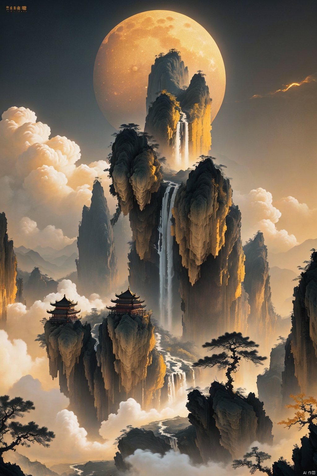  New Chinese art style, Lushan Mountain, Waterfalls, (Layers of Mountains), golden moon hanging in the air masterpiece,finely detailled,Complicated details,8K,UCG wallpaper,hdr,Cinematic lighting effects,minimalism, ultimate details, unparalleled details, movie special effects, realism, and fine details, , Gongbi Shanshui