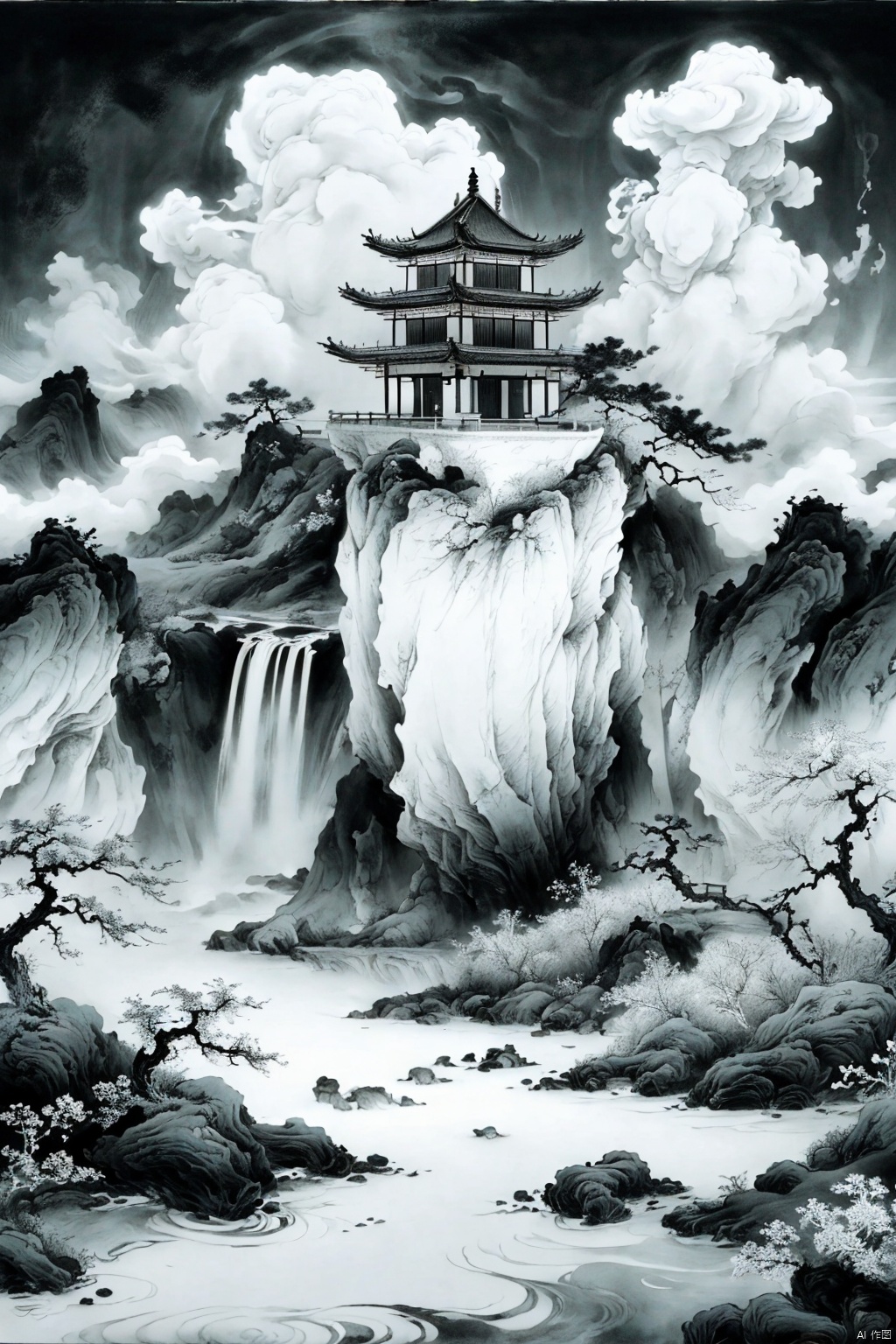 Zen painting illustration,masterpiece,best quality,macbook,cloud,black and white theme,ink wash texture,minimalist,serene,traditional Asian influences,monochrome,fluid movement,textured,tranquil,artistic,the stylized landscape and fairyland extended from the screen:1.2,surreal,geometric patterns,intricately detailed,bokeh,perfect balanced,deep fine borders,artistic photorealism,smooth,,