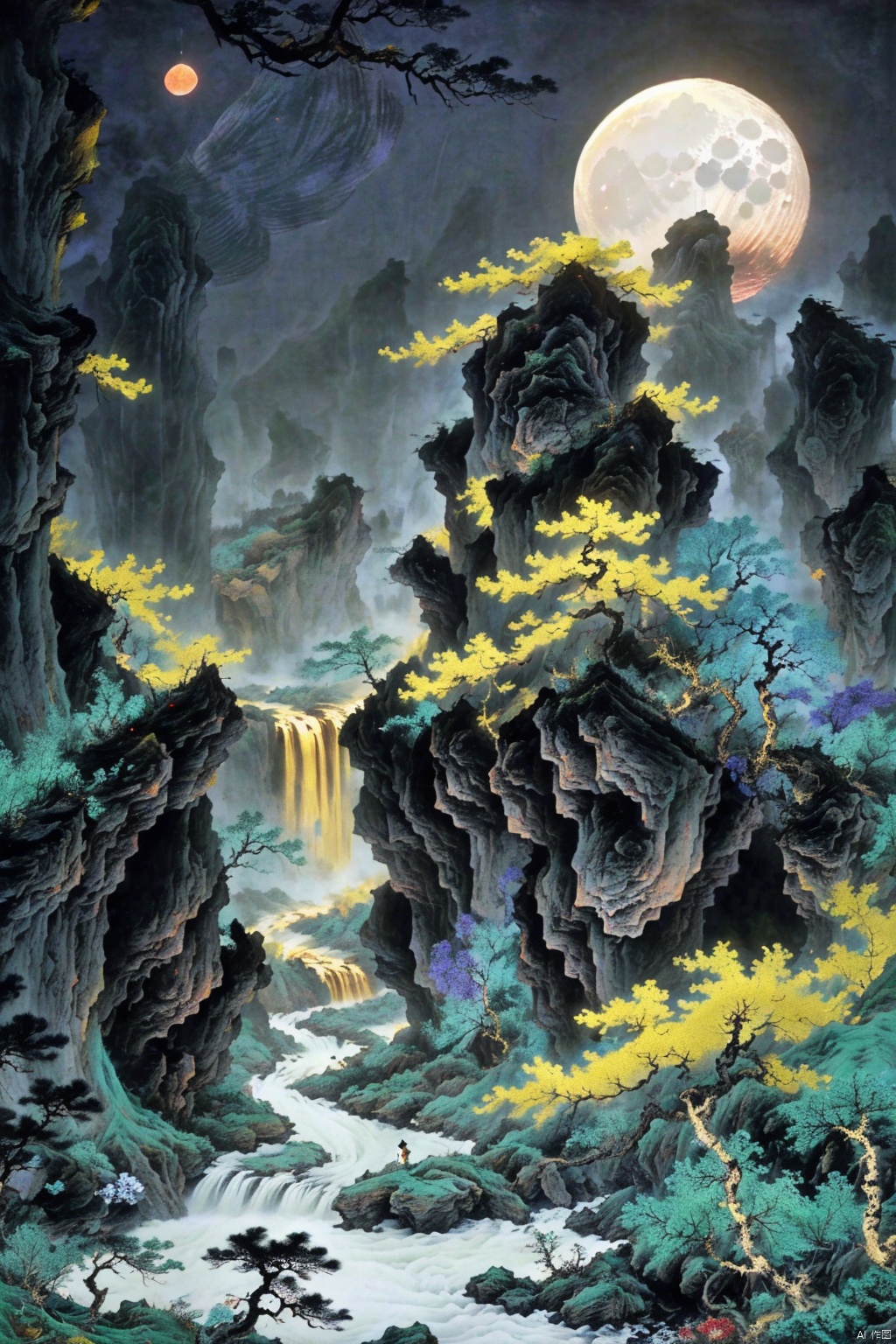 guofeng,no humans, on a dark and picturesque night, a huge full moon rose high, black towering mountains blocked part of the moon, there was a golden waterfall flowing down from the mountain, and some pine trees were faintly seen on the mountain,Tranquil, mysterious landscape, dark cliffs, no buildings, moon in the water