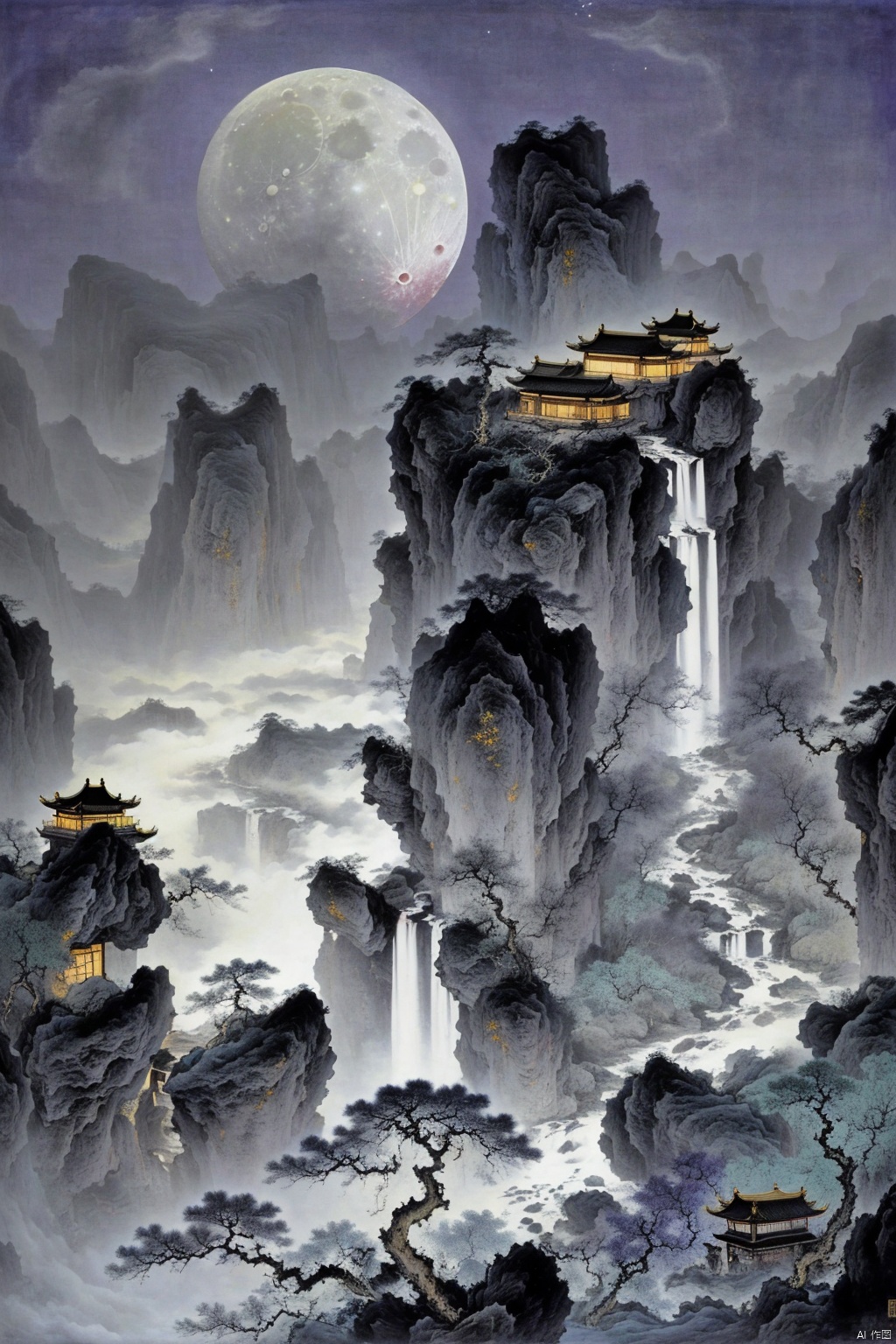 guofeng,no humans, on a dark and picturesque night, a huge full moon rose high, black towering mountains blocked part of the moon, there was a golden waterfall flowing down from the mountain, and some pine trees were faintly seen on the mountain,Tranquil, mysterious landscape, dark cliffs, no buildings, moon in the water
