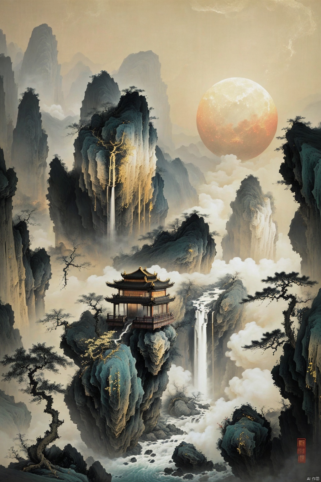  New Chinese art style, Lushan Mountain, Waterfalls, (Layers of Mountains), golden moon hanging in the air masterpiece,finely detailled,Complicated details,8K,UCG wallpaper,hdr,Cinematic lighting effects,minimalism, ultimate details, unparalleled details, movie special effects, realism, and fine details, , Gongbi Shanshui