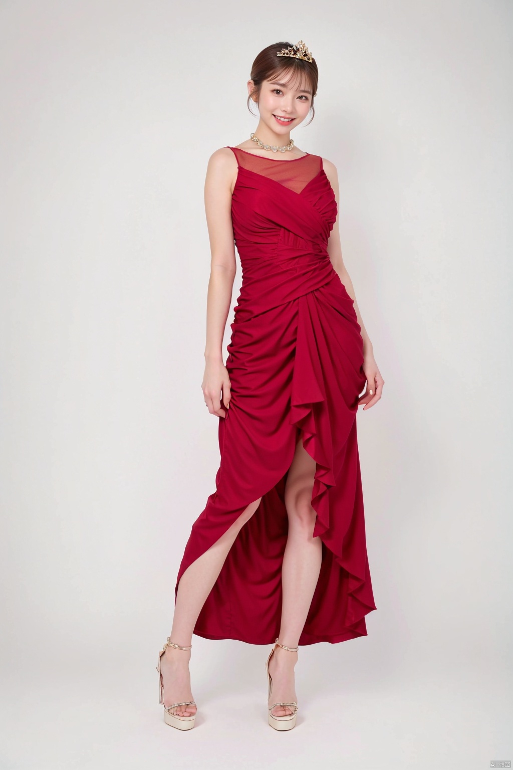 1girl, solo, dress, jewelry, necklace, brown hair, red dress, pearl necklace, tiara, brown eyes, full body, standing, simple background, looking at viewer, skirt hold, nail polish, smile, high heels, earrings, sleeveless, sandals, heibei