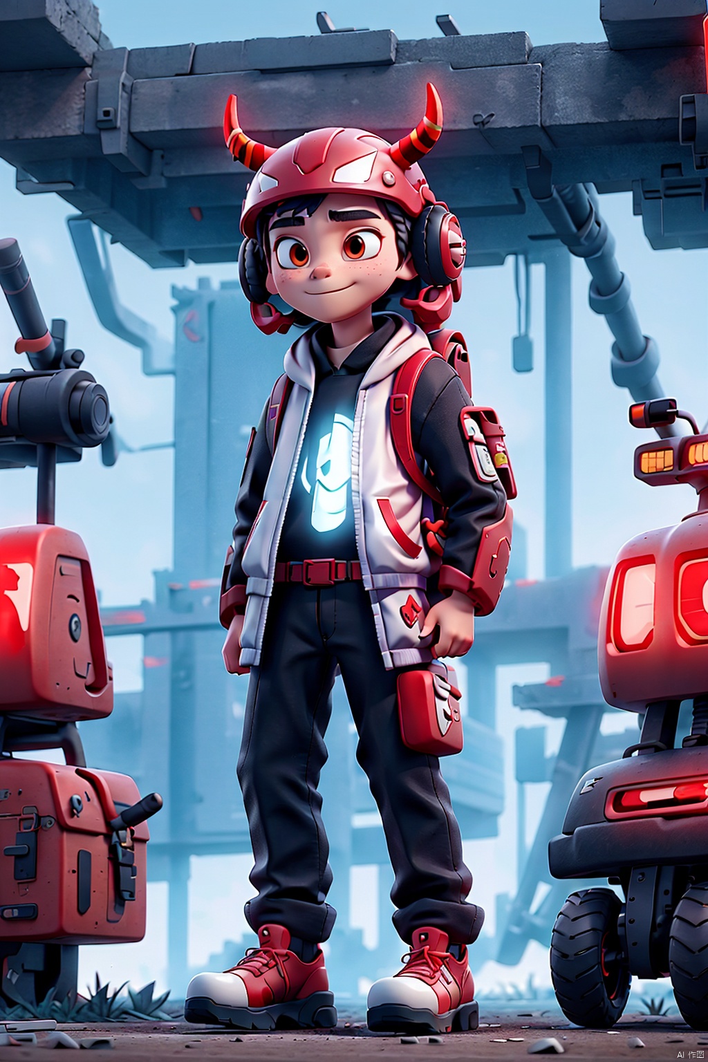 The image portrays a futuristic character adorned in a striking red and black attire. The helmet is equipped with horns and has multiple attachments, while the backpack is large and red with symbols and a large blade. The character's shoes are white with red accents, and the overall design exudes a cyberpunk or dystopian aesthetic
,迪士尼