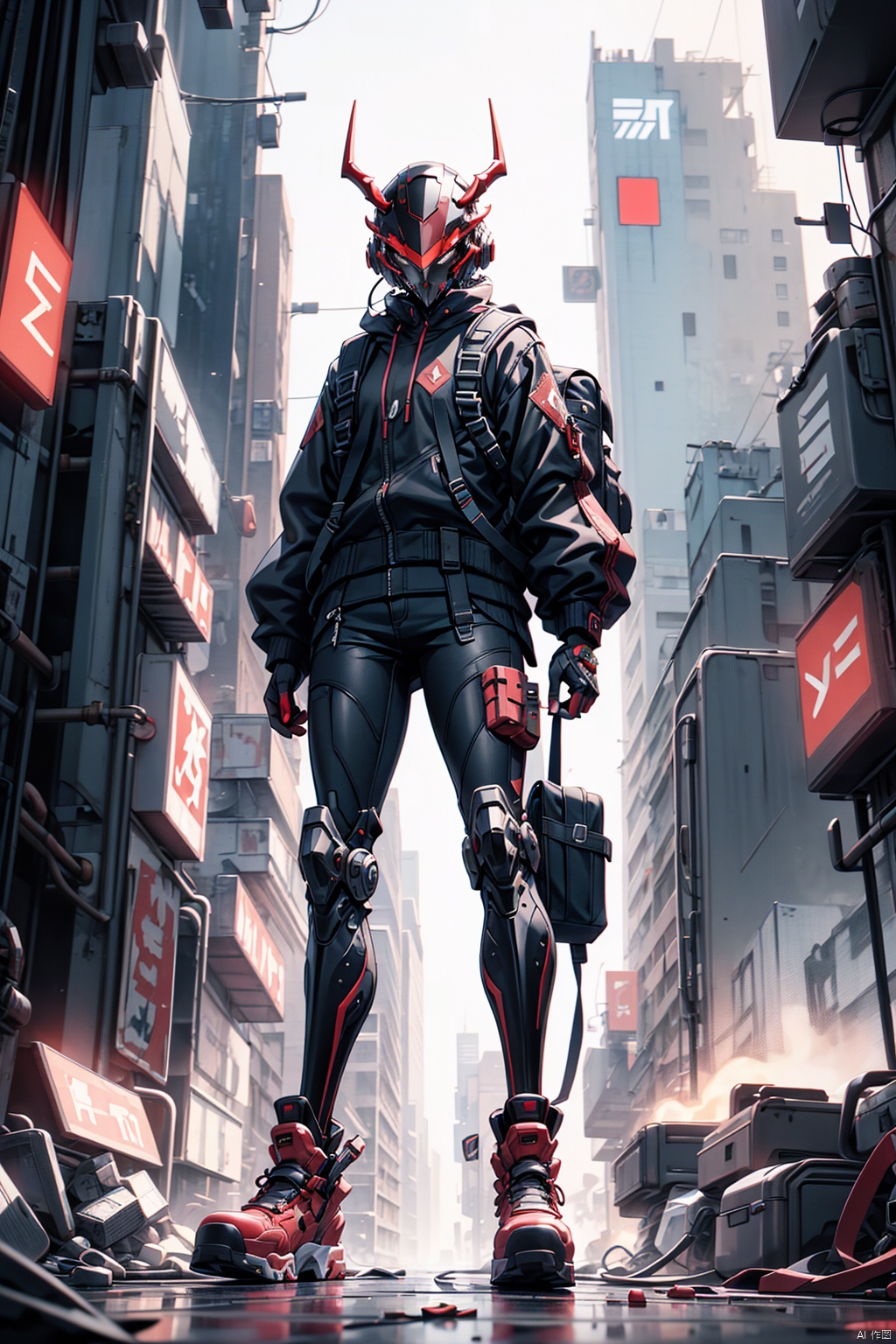 The image portrays a futuristic character adorned in a striking red and black attire. The helmet is equipped with horns and has multiple attachments, while the backpack is large and red with symbols and a large blade. The character's shoes are white with red accents, and the overall design exudes a cyberpunk or dystopian aesthetic
