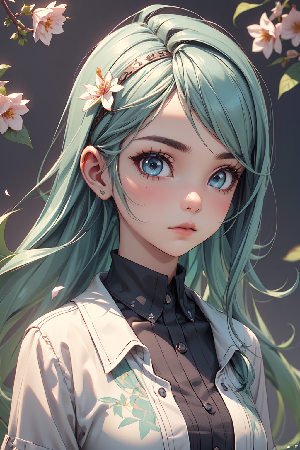 ((1girl)),kozuki hiyori, (3d rendering),(3d girl), ((solo)), Half body, details, (Long straight hairs),((blue-green hair:0.8)),big eyes,( detailed beautiful eyes), ( detailed face), (extremely detailed CG, ultra-detailed, best shadow), ((depth of field)), (loses black shirt),flowers and petals