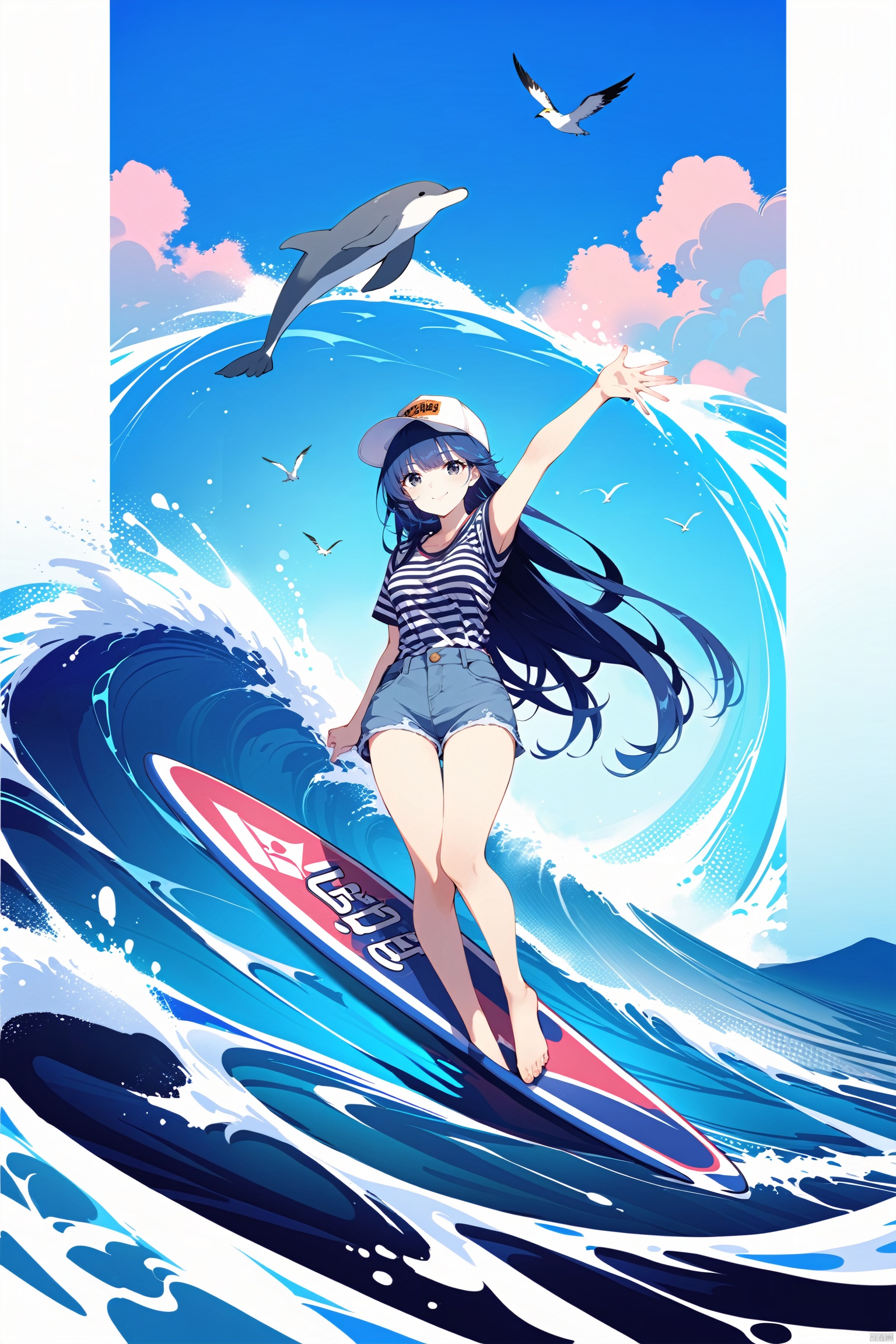 hubg_design, colorful, poster design, flat Illustration, digital art, anime style, masterpiece, best quality, official art,
etailed complex chaotic surfing girl,
1girl, solo, long hair, smile, shirt, hat, surfing, blue hair, Dolphin,flower, outdoors, sky, day, cloud, water, black eyes, arm up, blue sky, bird, white headwear, red flower, pink flower, striped shirt, hand on headwear, wide shot, waves, boat, surfboard,
Intricate, Complex contrast, HDR,OverallDetail,