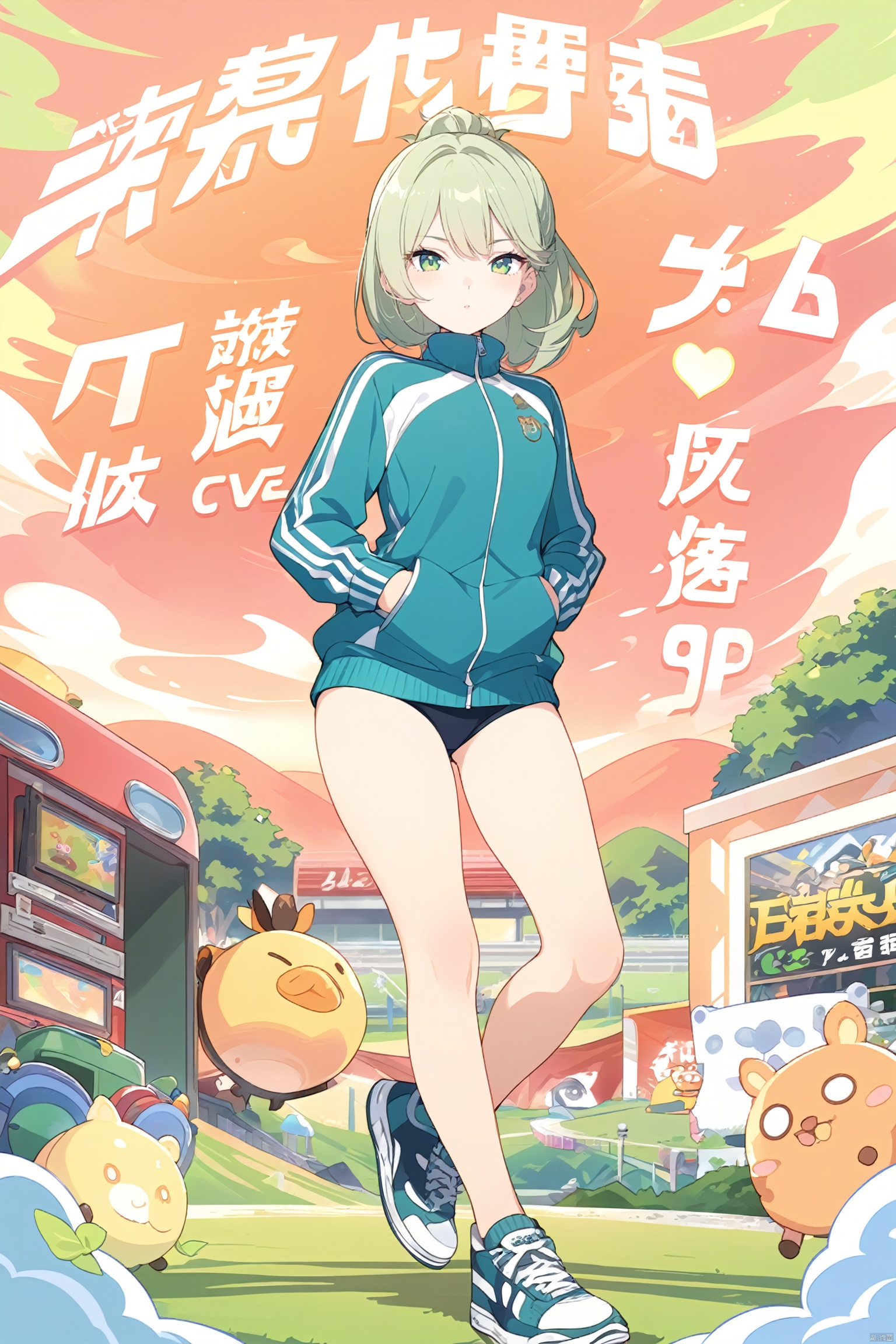  hubg_design, colorful, poster design, flat Illustration, digital art, anime style, masterpiece, best quality, official art,
1girl, solo,green eyes,track jacket, 