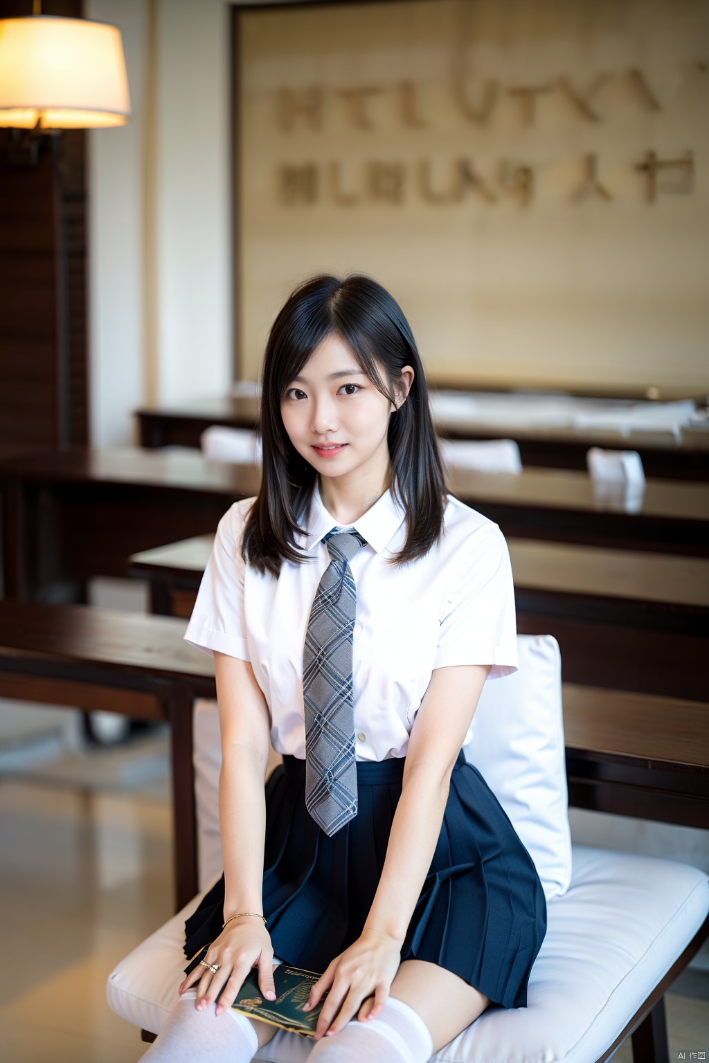 1girl, necktie, sitting, skirt, solo, thighhighs, black hair, school uniform, long hair, indoors, shirt, book, white shirt, blurry, blue skirt, short sleeves, black eyes, white thighhighs, plaid necktie, realistic, blue necktie, lips, blurry background, school