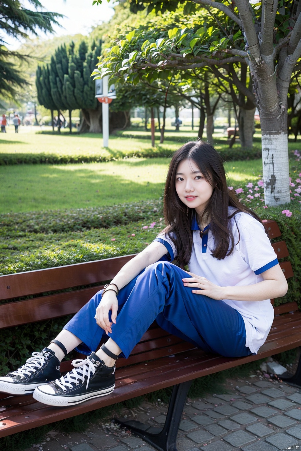1girl, sitting, sneakers, outdoors, shoes, pants, tree, long hair, bench, blue pants, shirt, looking at viewer, white shirt, park, black footwear, solo, short sleeves, brown hair, black hair, day, jewelry, realistic, bracelet, school