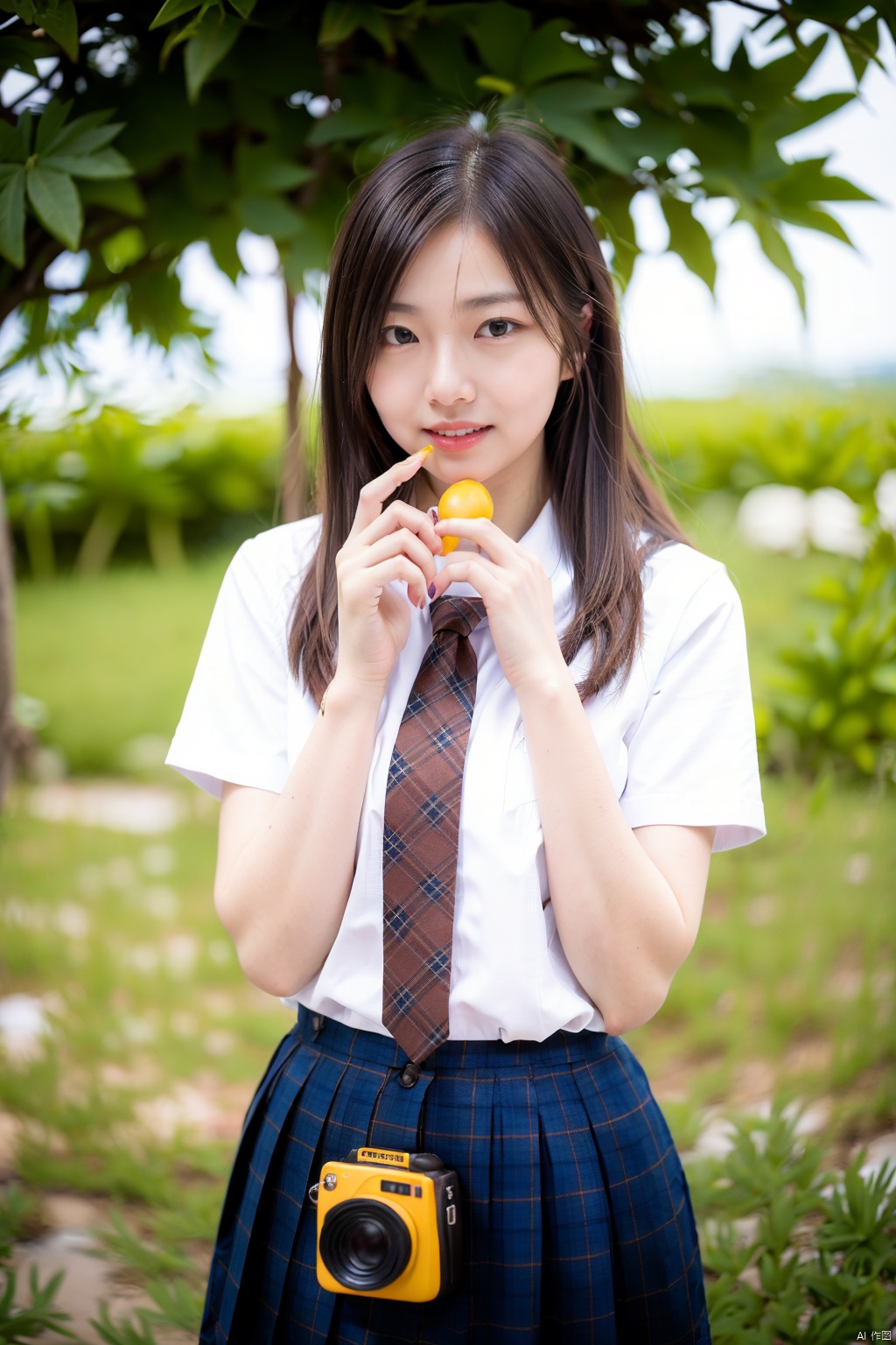 1girl, solo, skirt, food, necktie, long hair, camera, looking at viewer, fruit, shirt, brown hair, school uniform, outdoors, blue skirt, plaid necktie, blurry, pleated skirt, bracelet, jewelry, short sleeves, blurry background, white shirt, holding, holding food, eating, brown eyes, school