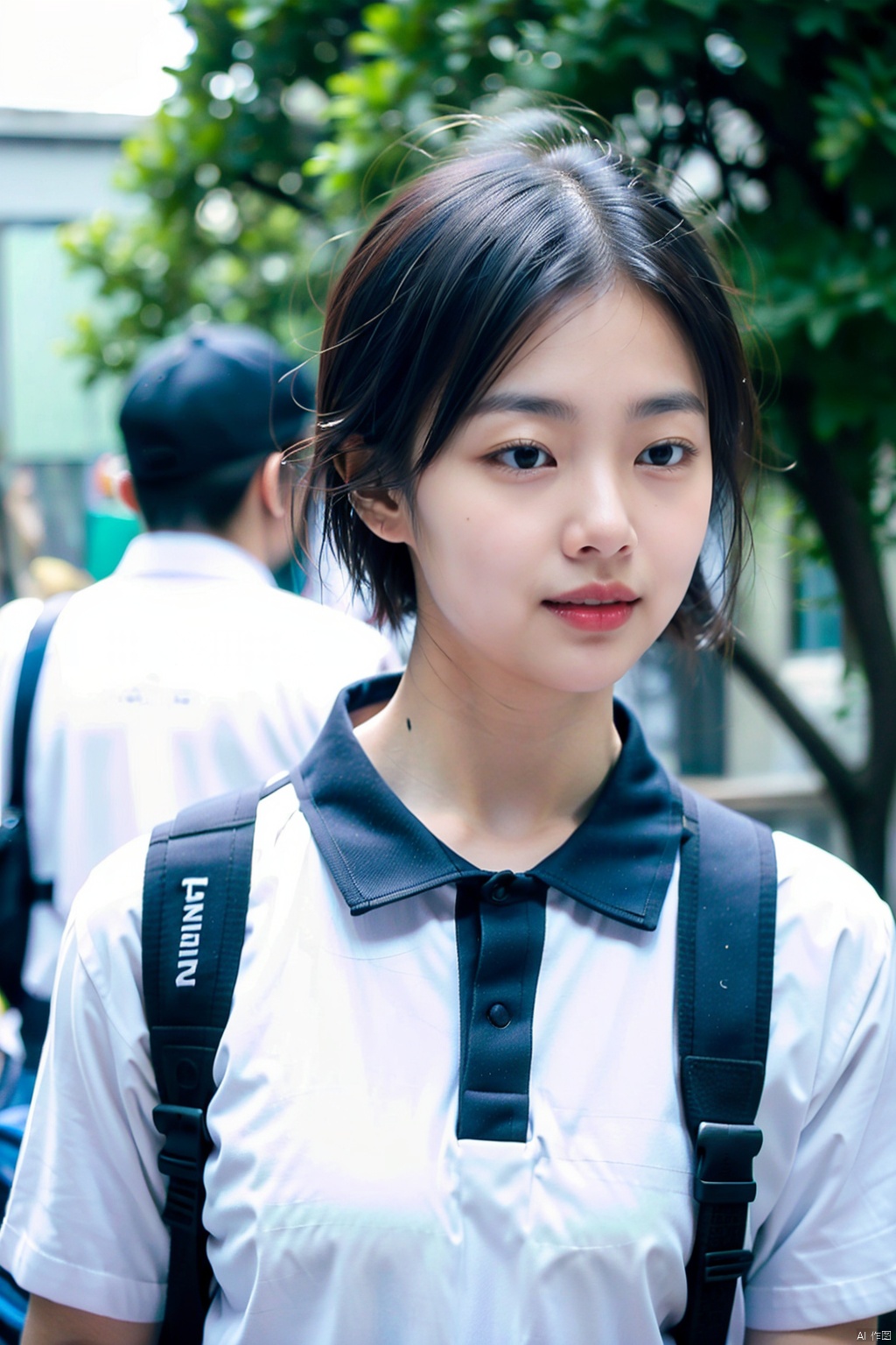 backpack, 1girl, black hair, bag, blurry background, black eyes, blurry, shirt, upper body, parted lips, realistic, white shirt, solo focus, short hair, collared shirt, lips, hat, holding strap, school,mingxing