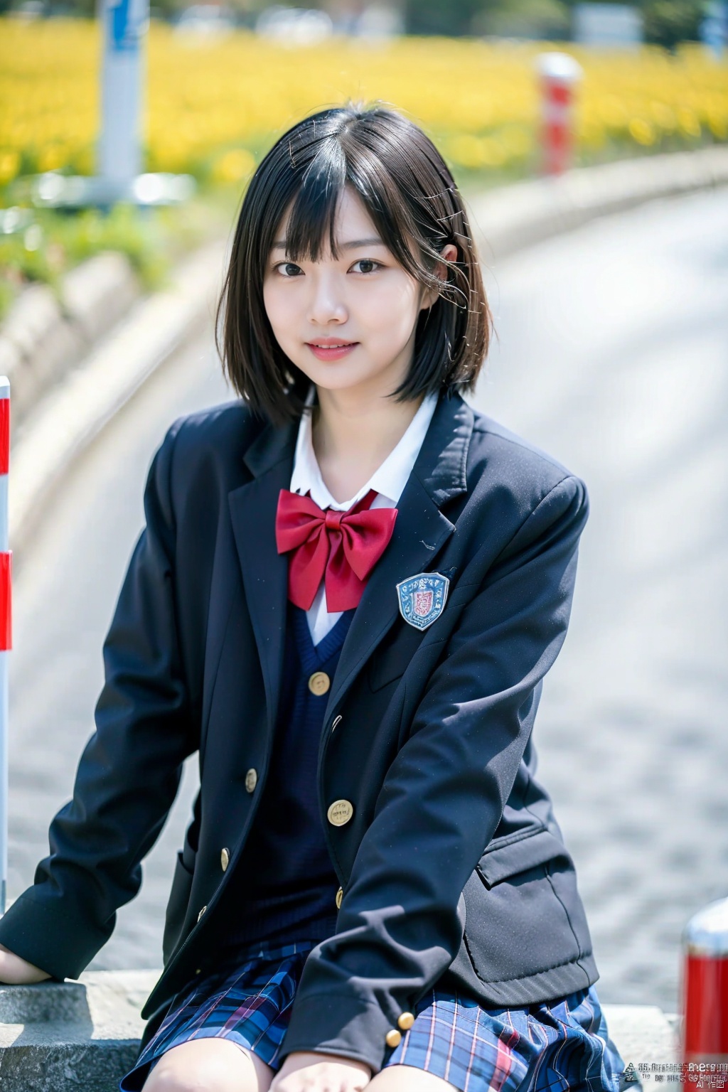 1girl, solo, skirt, school uniform, bow, jacket, plaid skirt, looking at viewer, plaid, black hair, blurry background, bowtie, red bow, blurry, blazer, realistic, cosplay, outdoors, long sleeves, blue skirt, shirt, white shirt, brown eyes, short hair, red bowtie, watermark, black eyes, school