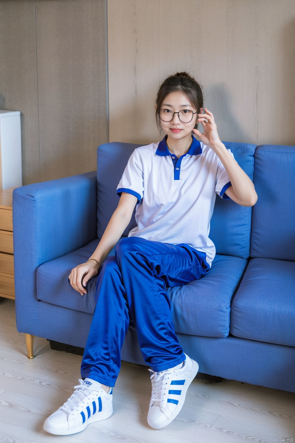 solo, blue pants, white footwear, shirt, glasses, sitting, pants, white shirt, short sleeves, shoes, indoors, couch, 1girl, full body, looking at viewer, crossed legs, collared shirt, brown hair, hand up, black hair, school