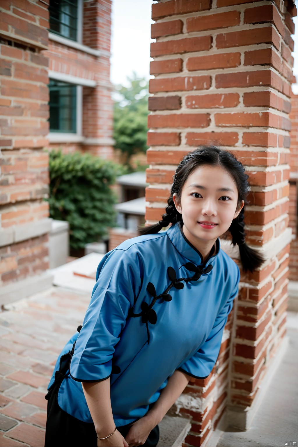 1girl, solo, braid, twin braids, black hair, outdoors, looking at viewer, chinese clothes, black eyes, shirt, blue shirt, smile, blurry, blurry background, leaning forward, day, brick wall, twintails, pants, parted lips, black pants, school,minguo