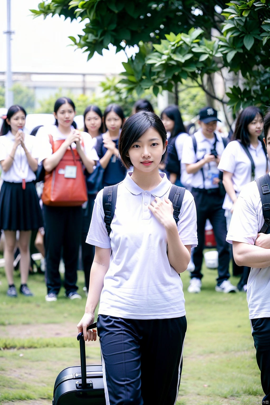 bag, black hair, shirt, blurry, pants, solo focus, backpack, outdoors, short hair, white shirt, multiple girls, realistic, tree, blurry background, black eyes, short sleeves, walking, depth of field, lips, day, looking at viewer, standing, black pants, school,mingxing