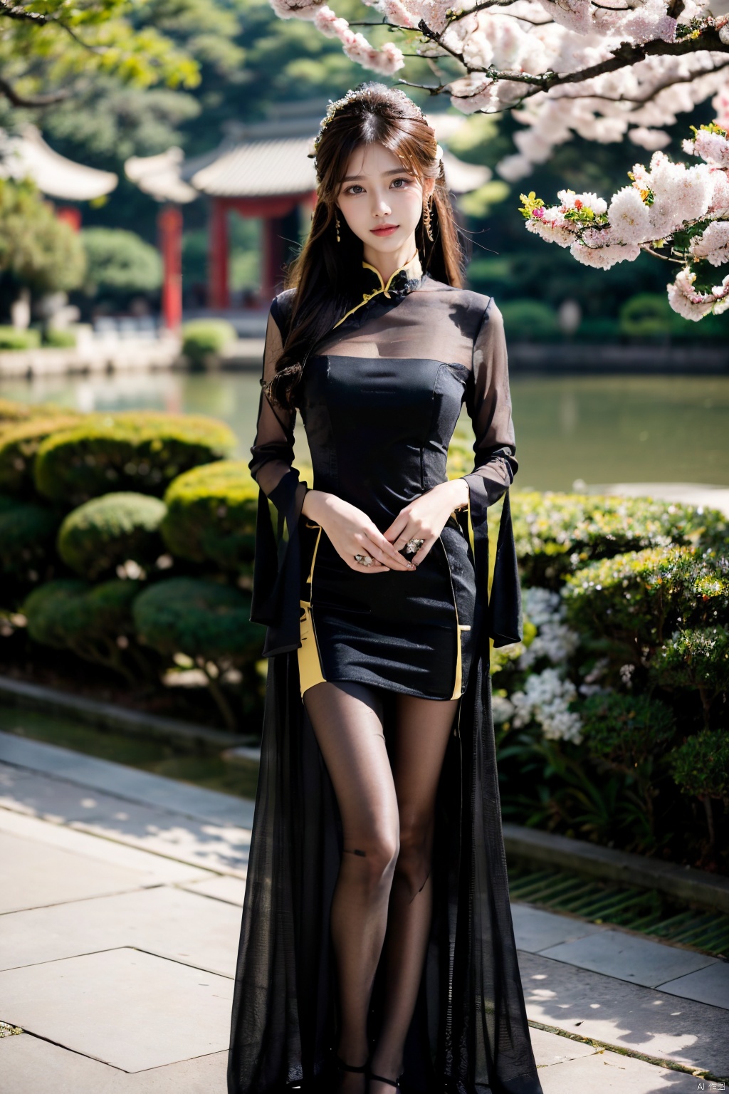 Realistic, photorealistic, masterpiece, best quality, dark shot, (photo of portrait:1.2), (1girl), (straight and round breasts:1.2), solo, smile, looking at viewer, long black hair, Full-body photos, (wearing a red Chinese wedding dress:1.5), (an ancient bride adorned with gold hairpins and silver jewelry), an extremely delicate and beautiful, real person, fair skin, ((Slender and perfect long legs)), (Perfect hands：1.4), plentiful, breasts, (see through:1.5), (blackpantyhose:1.2), ((poakl)), (Suzhou Garden:1.3), (cherry blossom trees:1.1), petals, falling petals, petals, falling petals, Lantern, Realistic Scene, Canon D50 Shooting, sexy, ((poakl))