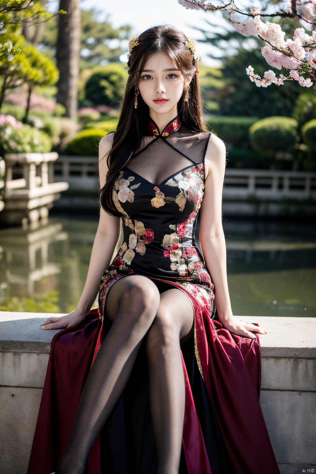 Realistic, photorealistic, masterpiece, best quality, dark shot, (photo of portrait:1.2), (1girl), (straight and round breasts:1.2), solo, smile, looking at viewer, long black hair, Full-body photos, (wearing a red Chinese wedding dress:1.5), (an ancient bride adorned with gold hairpins and silver jewelry), an extremely delicate and beautiful, real person, fair skin, ((Slender and perfect long legs)), (Perfect hands：1.4), plentiful, breasts, (see through:1.5), (blackpantyhose:1.2), ((poakl)), (Suzhou Garden:1.3), (cherry blossom trees:1.1), petals, falling petals, petals, falling petals, Lantern, Realistic Scene, Canon D50 Shooting, sexy, ((poakl))