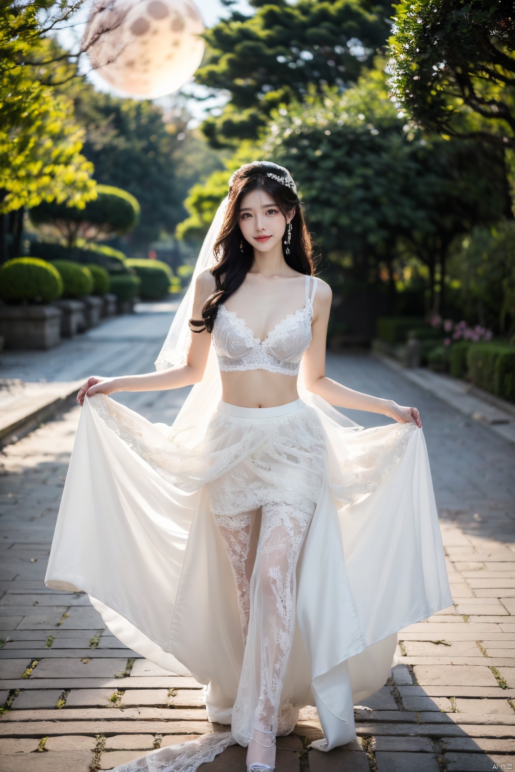 Realistic, photorealistic, masterpiece, best quality, dark shot, (photo of portrait:1.2), (1girl), full body, ((there is a red mole on the forehead)), (night:1.0), (super large moon in the sky:1.5), (blue moon), solo, smile, looking at viewer, long black hair, Full-body photos, (Wear a white wedding dress on the outside and a transparent lace bra on the inside:1.8), (an ancient bride adorned with gold hairpins and silver jewelry), an extremely delicate and beautiful, real person, fair skin, ((Slender and perfect long legs)), ((perfect hands)), (perfect hands:1.5), (plentiful breasts:1.5), Tall breasts, (see through:1.8), (blackpantyhose:1.2), (plump chest), (Suzhou Garden:1.3), (cherry blossom trees:1.1), petals, falling petals, falling petals, Lantern, Realistic Scene, Canon D50 Shooting, ((transparent lace bra)), sexy