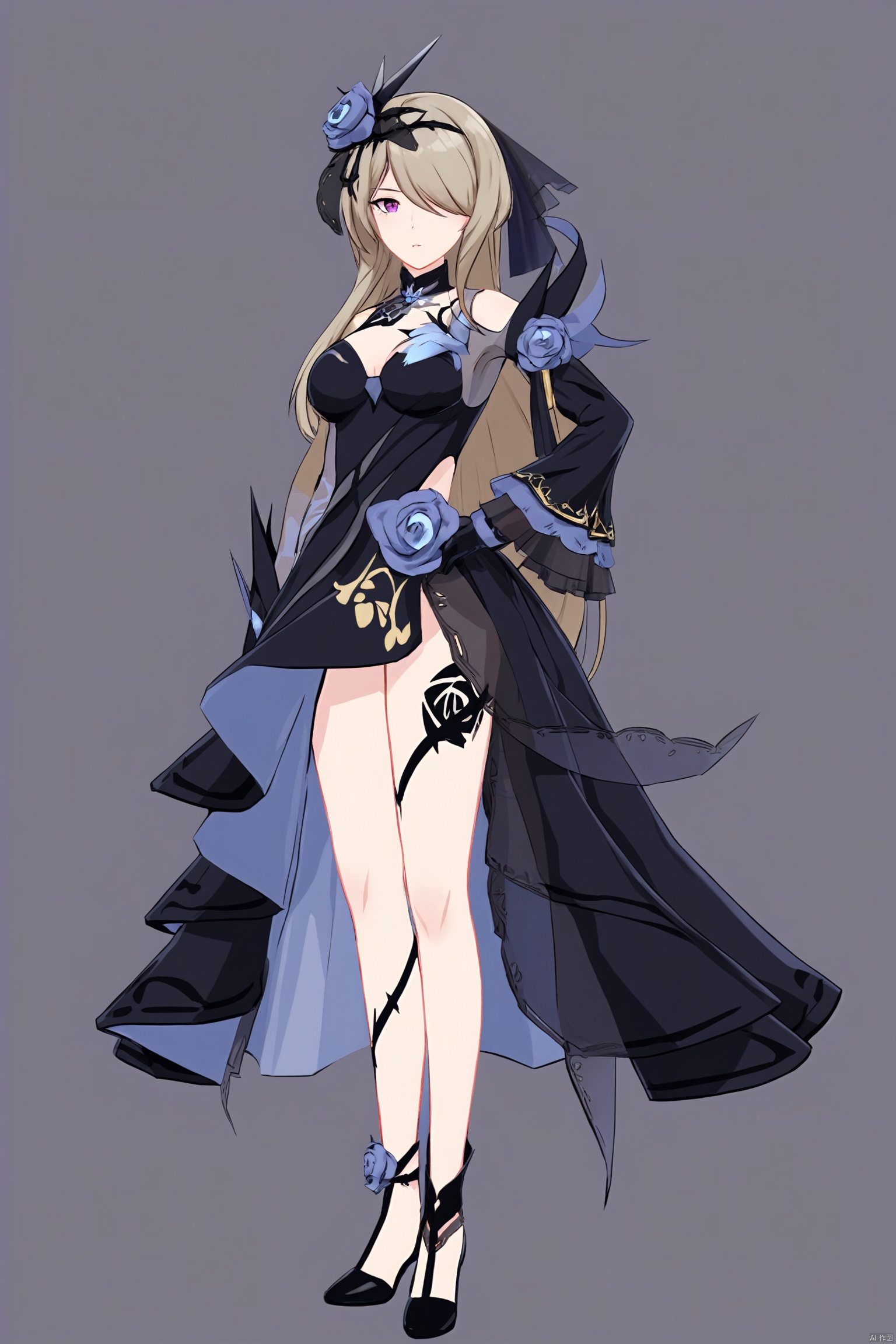 score_9,score_8_up,score_7_up,best quality,masterpiece,source_anime,8k,best quality,masterpiece,(ultra-detailed),(high detailed skin),symmetrical,(full body),white background,standing,looking at viewer,(solo),hand on hip,
,midie,1girl,rita rossweisse,hair over one eye,flower,black single glove,hair ornament,hair flower,rose,breasts,black dress,mole under eye,long brownhair,
,(white background, simple background),(beautiful_face),((intricate_detail)),clear face,((finely_detailed)),fine_fabric_emphasis,((glossy)),full_shot, hquan,purple eyes,