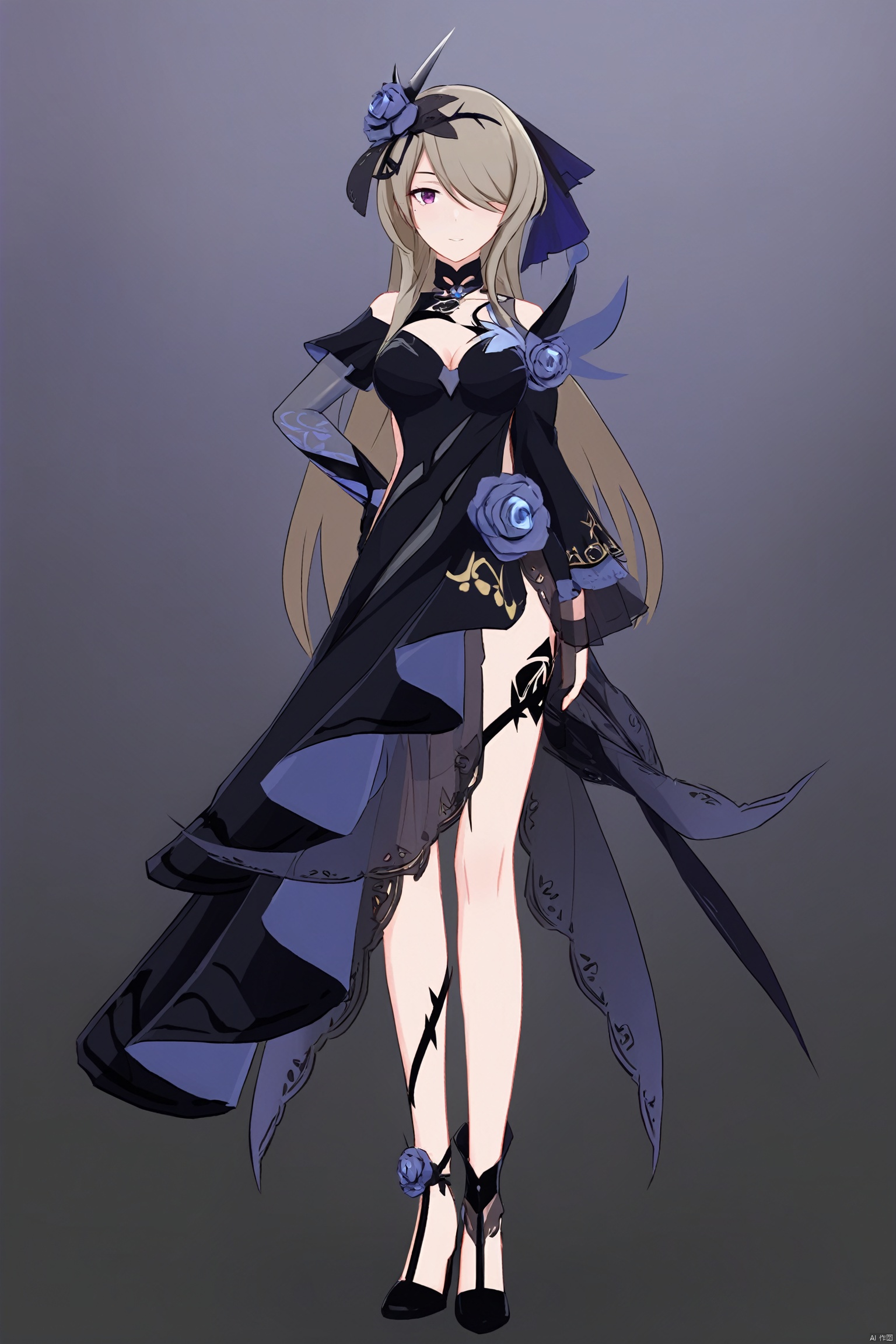  score_9,score_8_up,score_7_up,best quality,masterpiece,source_anime,8k,best quality,masterpiece,(ultra-detailed),(high detailed skin),symmetrical,(full body),white background,standing,looking at viewer,(solo),hand on hip,
,midie,1girl,rita rossweisse,hair over one eye,flower,black single glove,hair ornament,hair flower,rose,breasts,black dress,mole under eye,long brownhair,
,(white background, simple background),(beautiful_face),((intricate_detail)),clear face,((finely_detailed)),fine_fabric_emphasis,((glossy)),full_shot, hquan,purple eyes,