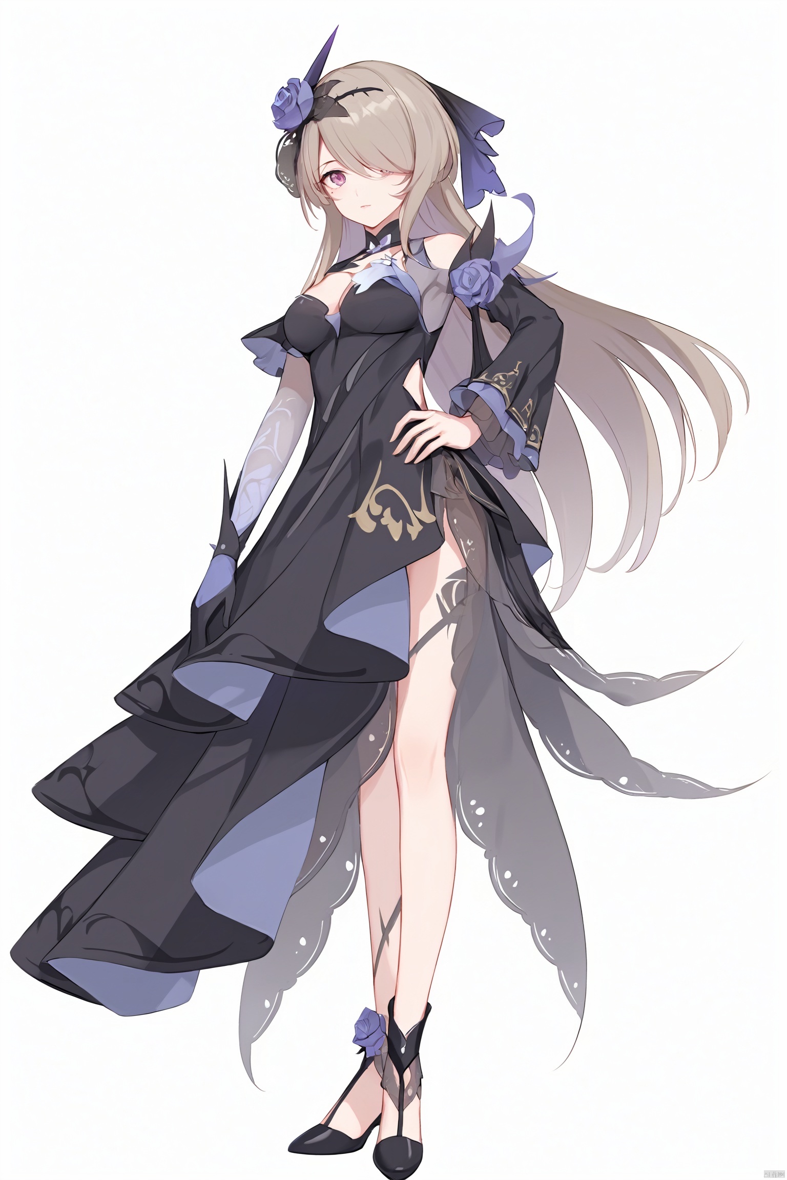 score_9,score_8_up,score_7_up,best quality,masterpiece,source_anime,8k,best quality,masterpiece,(ultra-detailed),(high detailed skin),symmetrical,(full body),white background,standing,looking at viewer,(solo),hand on hip,
,midie,1girl,rita rossweisse,hair over one eye,flower,black single glove,hair ornament,hair flower,rose,breasts,black dress,mole under eye,long brownhair,
,(white background, simple background),(beautiful_face),((intricate_detail)),clear face,((finely_detailed)),fine_fabric_emphasis,((glossy)),full_shot, hquan,purple eyes,