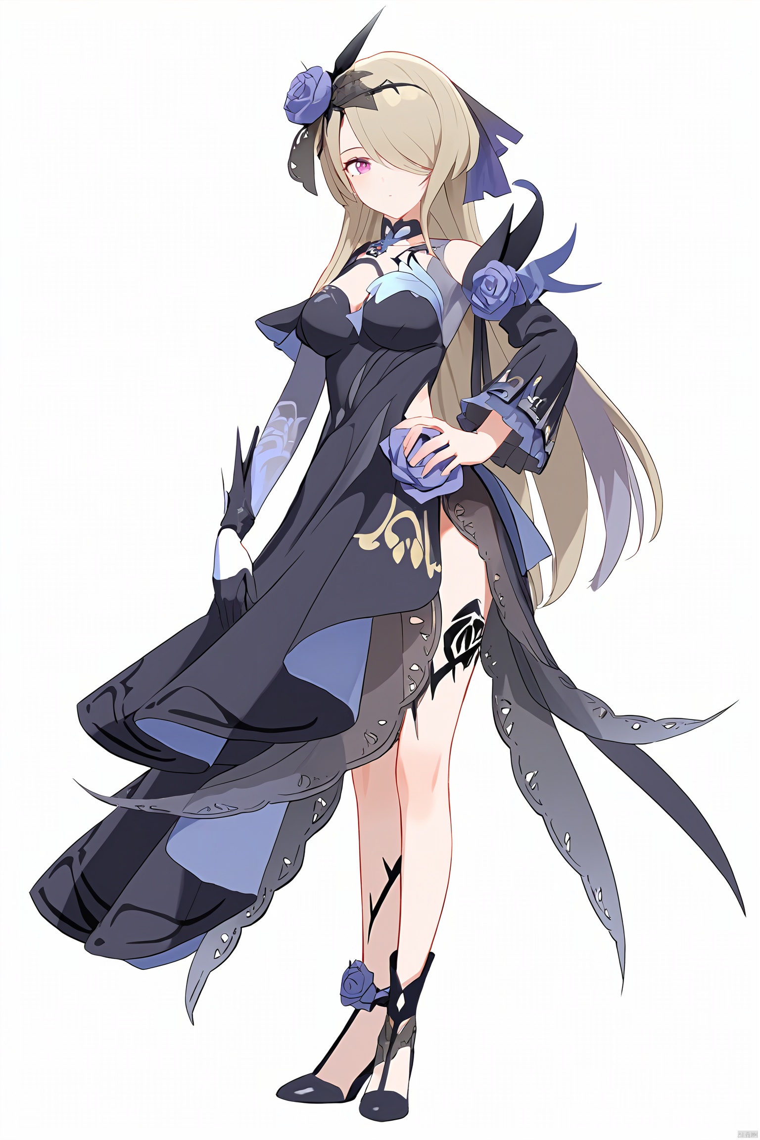  score_9,score_8_up,score_7_up,best quality,masterpiece,source_anime,8k,best quality,masterpiece,(ultra-detailed),(high detailed skin),symmetrical,(full body),white background,standing,looking at viewer,(solo),hand on hip,

,midie,1girl,rita rossweisse,hair over one eye,flower,black single glove,hair ornament,hair flower,rose,breasts,black dress,mole under eye,long brownhair,

,(white background, simple background),(beautiful_face),((intricate_detail)),clear face,((finely_detailed)),fine_fabric_emphasis,((glossy)),full_shot, hquan,purple eyes,