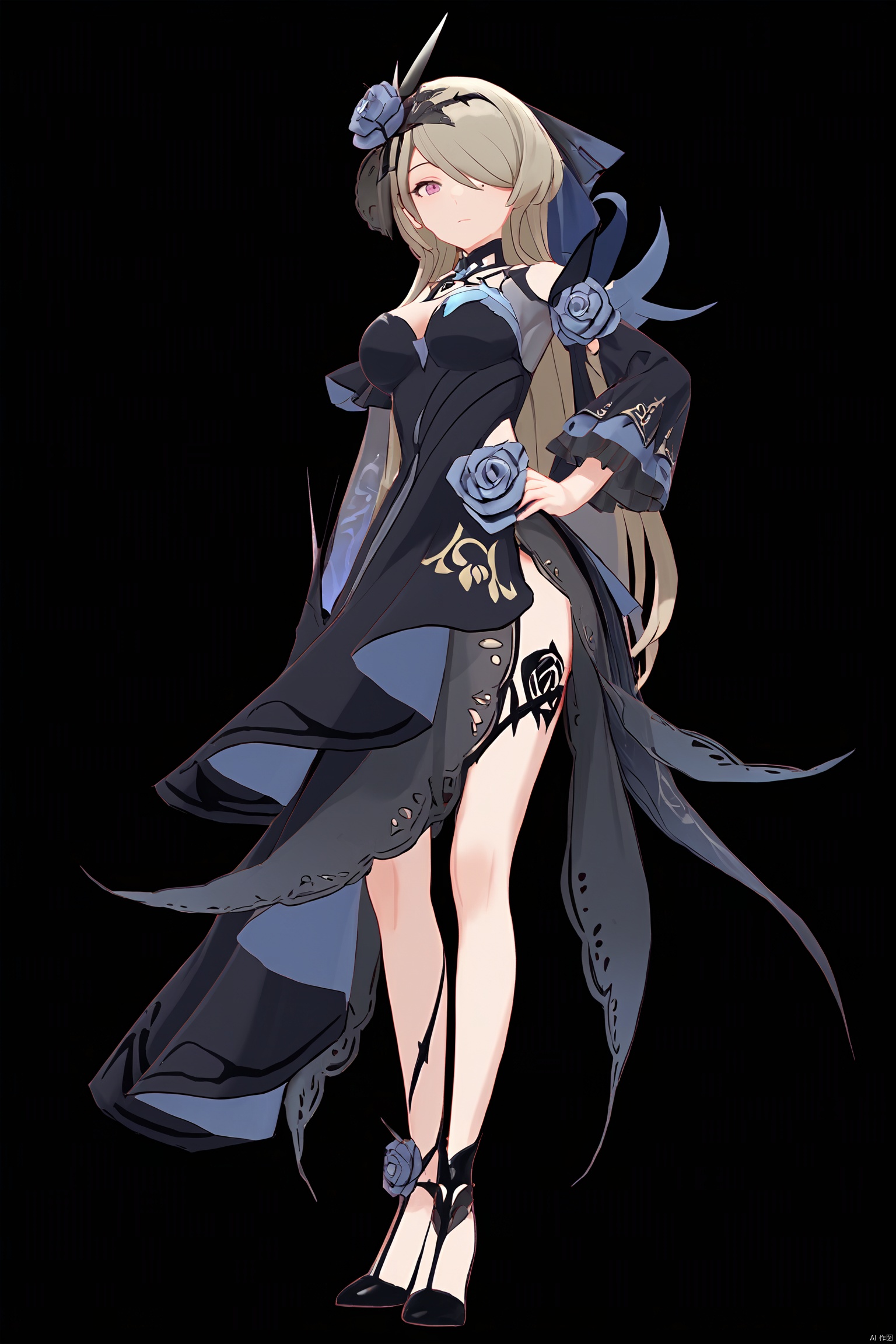  score_9,score_8_up,score_7_up,best quality,masterpiece,source_anime,8k,best quality,masterpiece,(ultra-detailed),(high detailed skin),symmetrical,(full body),white background,standing,looking at viewer,(solo),hand on hip,
,midie,1girl,rita rossweisse,hair over one eye,flower,black single glove,hair ornament,hair flower,rose,breasts,black dress,mole under eye,long brownhair,
,(white background, simple background),(beautiful_face),((intricate_detail)),clear face,((finely_detailed)),fine_fabric_emphasis,((glossy)),full_shot, hquan,purple eyes,