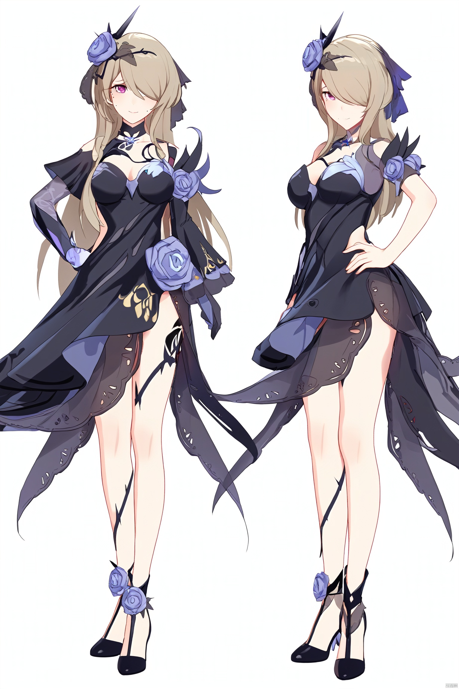  score_9,score_8_up,score_7_up,best quality,masterpiece,source_anime,8k,best quality,masterpiece,(ultra-detailed),(high detailed skin),symmetrical,(full body),white background,standing,looking at viewer,(solo),hand on hip,
,midie,1girl,rita rossweisse,hair over one eye,flower,black single glove,hair ornament,hair flower,rose,breasts,black dress,mole under eye,long brownhair,
,(white background, simple background),(beautiful_face),((intricate_detail)),clear face,((finely_detailed)),fine_fabric_emphasis,((glossy)),full_shot, hquan,purple eyes,