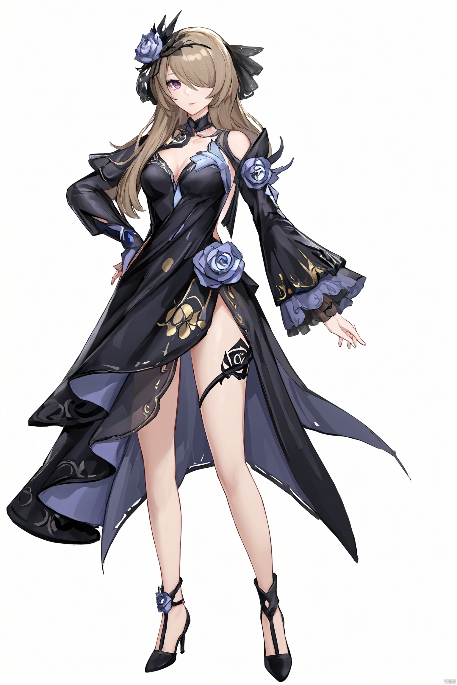  score_9,score_8_up,score_7_up,best quality,masterpiece,source_anime,8k,best quality,masterpiece,(ultra-detailed),(high detailed skin),symmetrical,(full body),white background,standing,looking at viewer,(solo),hand on hip,
,midie,1girl,rita rossweisse,hair over one eye,flower,black single glove,hair ornament,hair flower,rose,breasts,black dress,mole under eye,long brownhair,
,(white background, simple background),(beautiful_face),((intricate_detail)),clear face,((finely_detailed)),fine_fabric_emphasis,((glossy)),full_shot, hquan,purple eyes, yyy