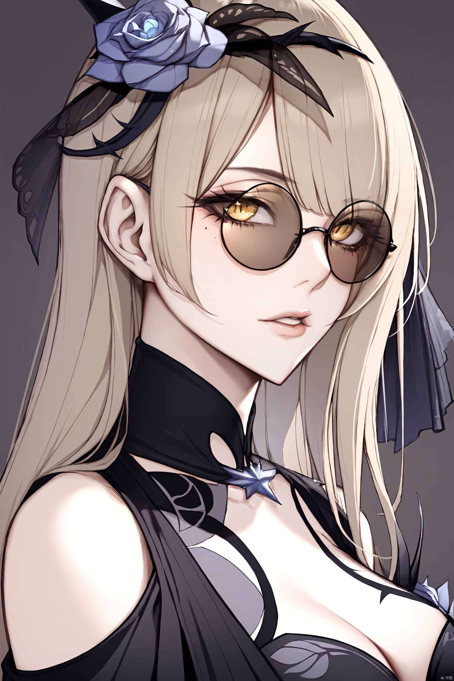  masterpiece, best quality,1girl, bird, yellow eyes, owl,  long hair , parted lips, solo, blonde hair, hair bow, bangs, sunglasses, portrait, round eyewear, lips, black bow, blunt bangs, slit pupils, animal, eyelashes , 
,midie,1girl,rita rossweisse,hair over one eye,flower,black single glove,hair ornament,hair flower,rose,breasts,black dress,mole under eye,long brownhair,
